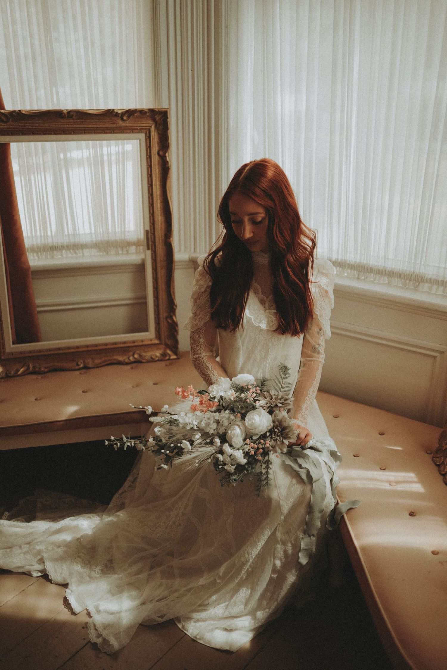 Ethereal bridal photography sequence showing flowing white dress and floral arrangement against sheer curtains.