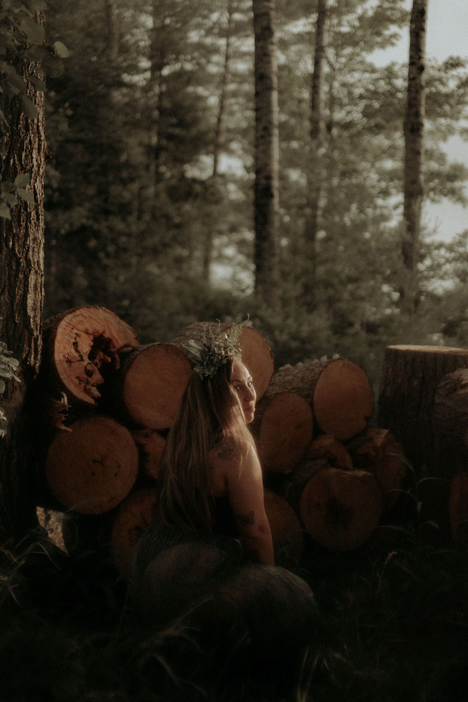 Stacked logs in a dark moody forest setting with atmospheric lighting and pine trees.