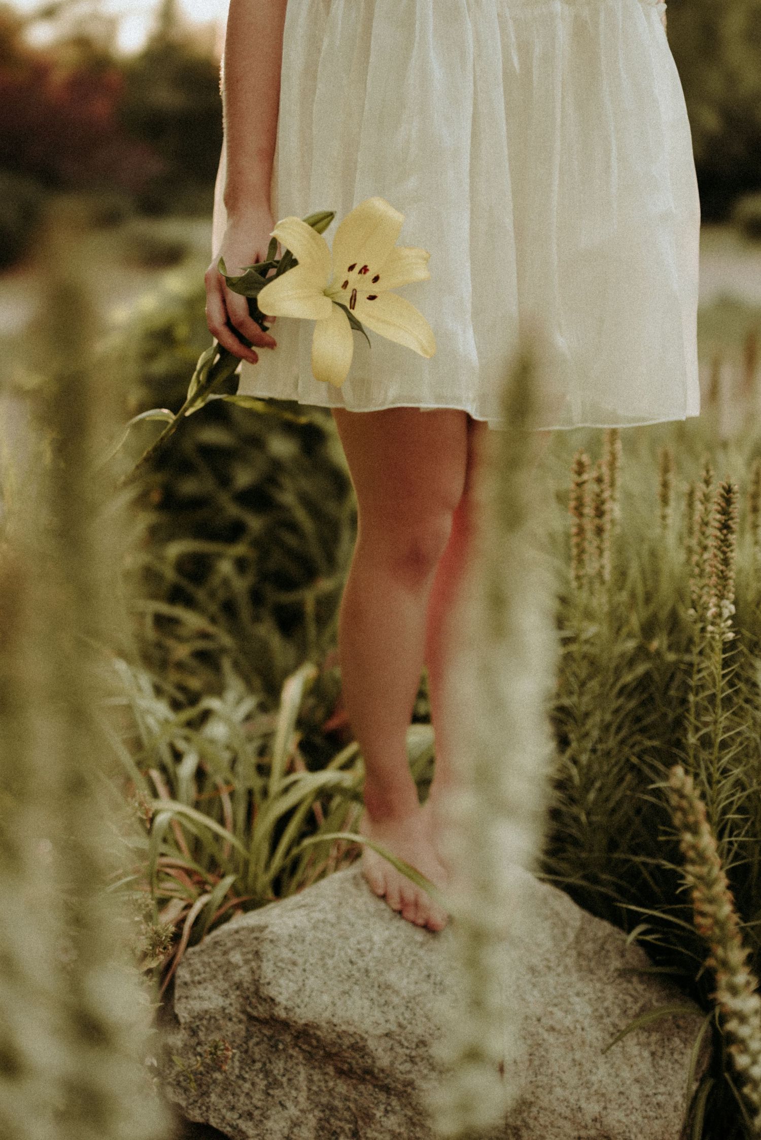 A white dress flows in a dreamy garden setting as someone stands on a rock surrounded by wild plants and flowers.