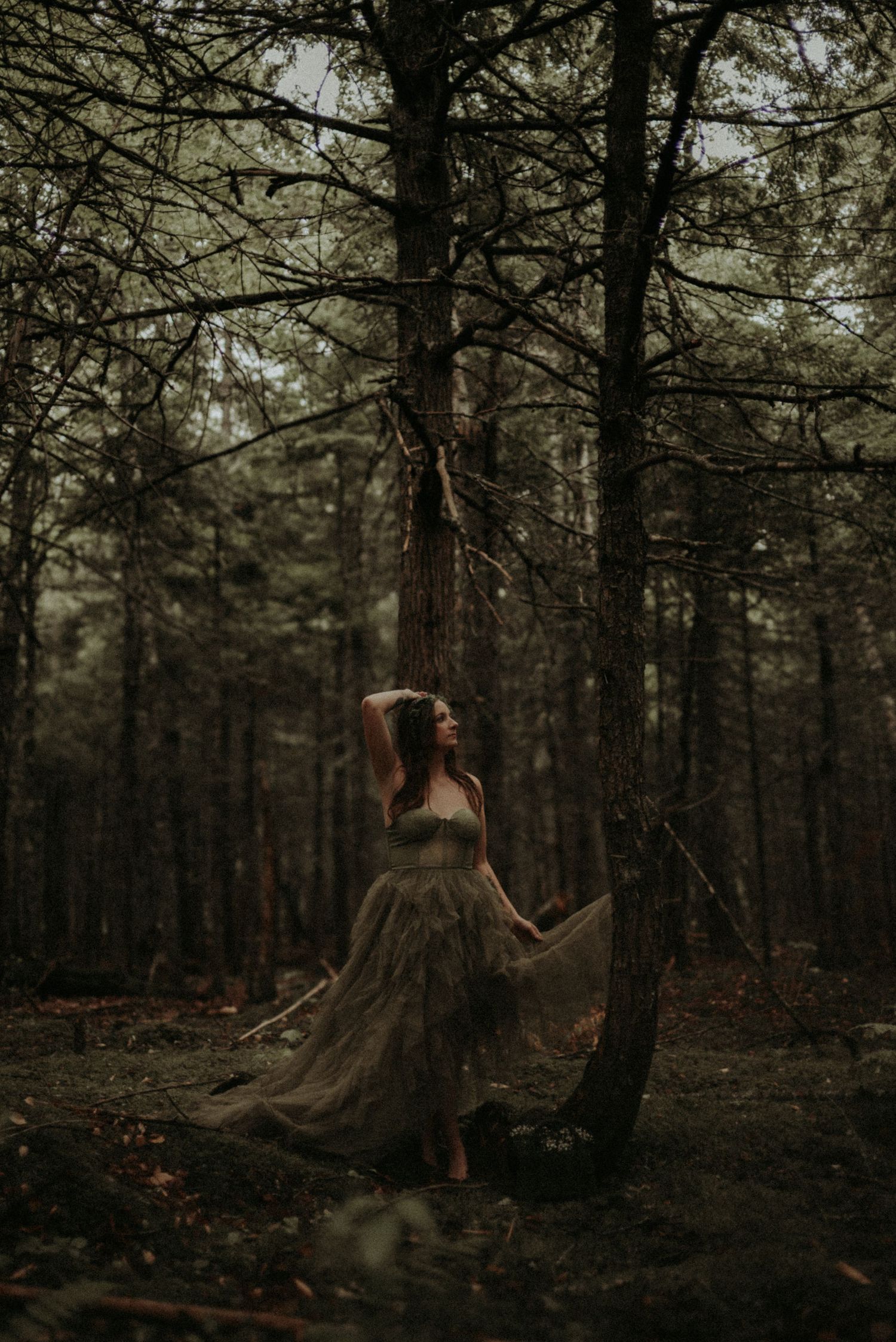 A dark and moody forest scene with a flowing dress creating an ethereal atmosphere among tall pine trees.