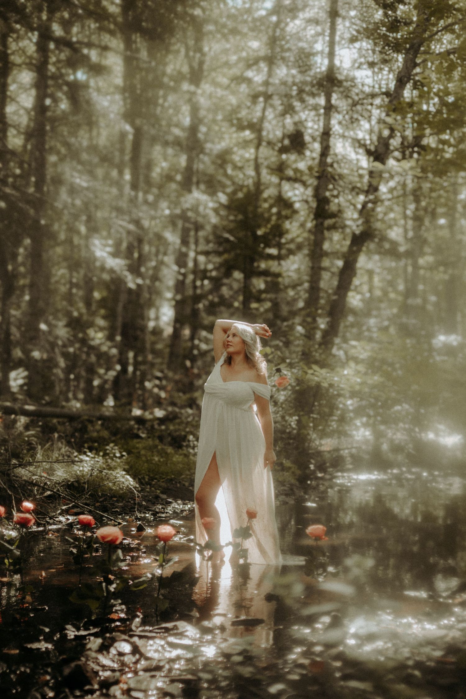 Ethereal forest scene with glowing mist and scattered orange pumpkins creating a mystical autumn atmosphere.
