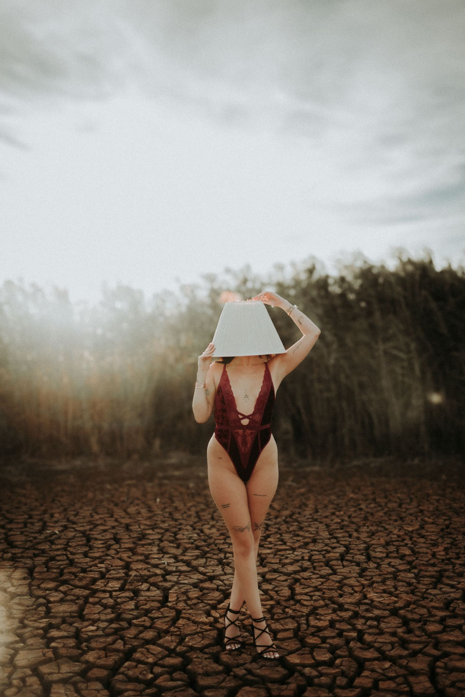 A figure in a burgundy swimsuit stands on cracked, dry earth under a moody sky at sunset.