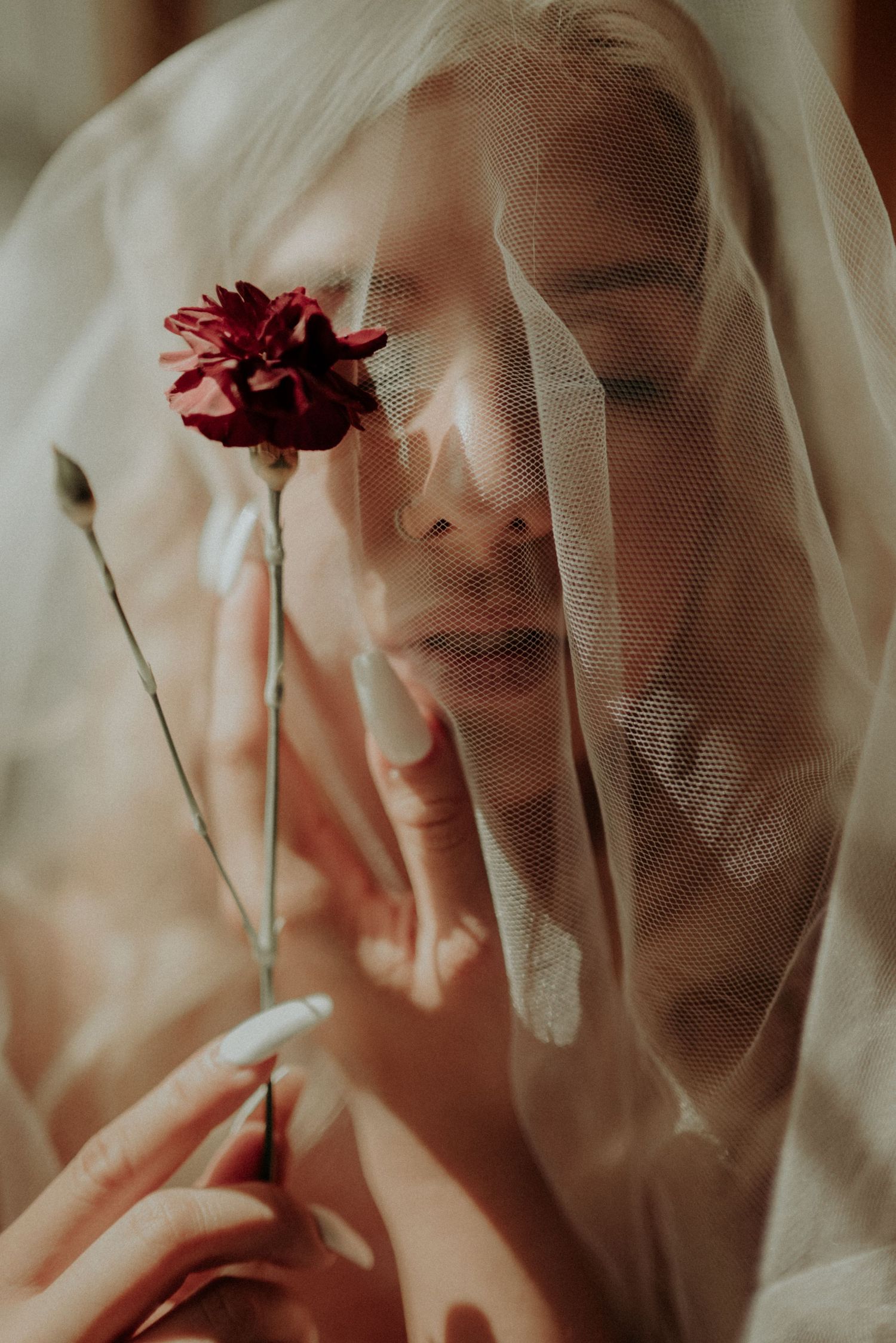 Soft and ethereal portrait featuring a red flower and delicate veil in warm natural light.