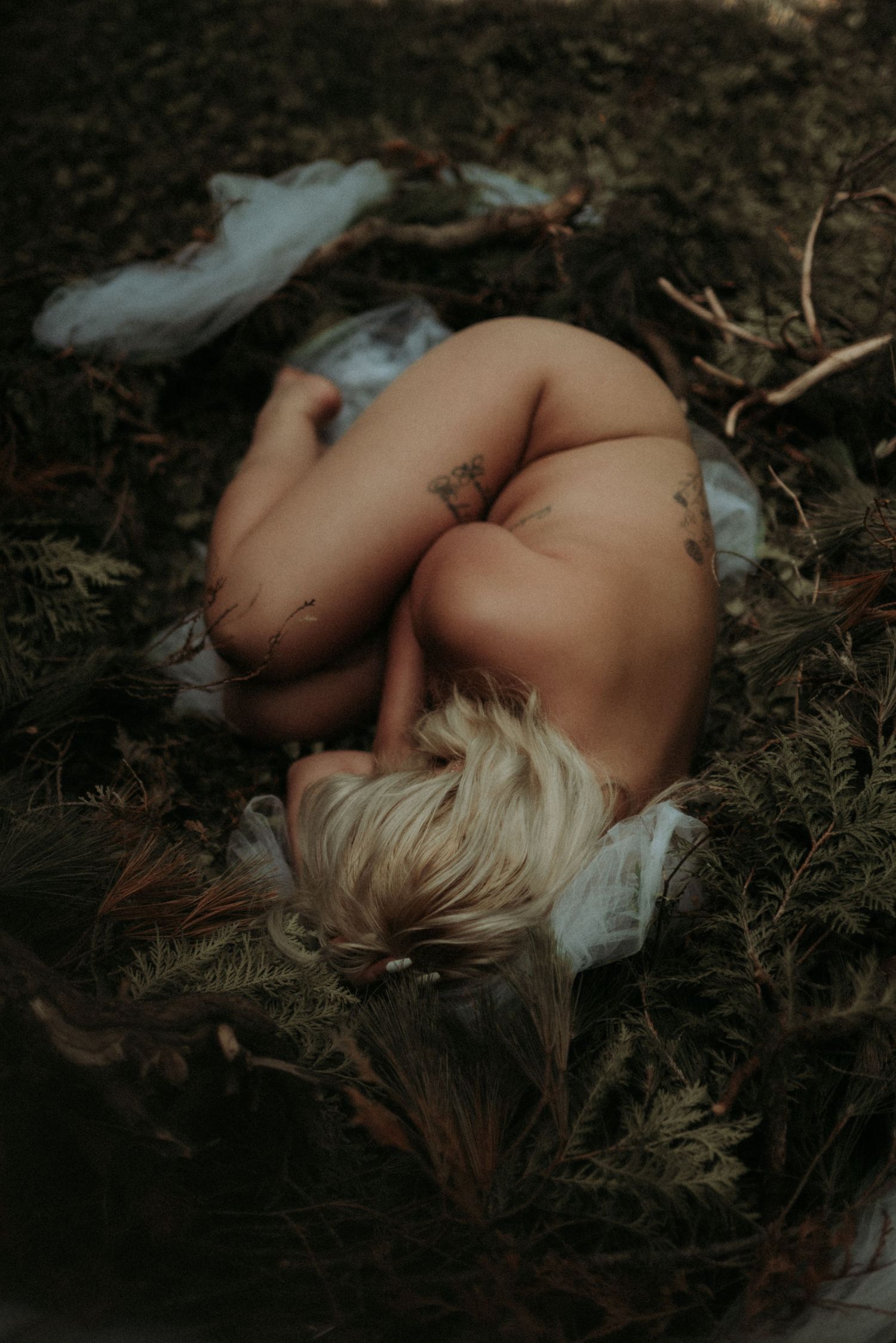 Moody artistic nude figure resting among leaves and branches with soft lighting.