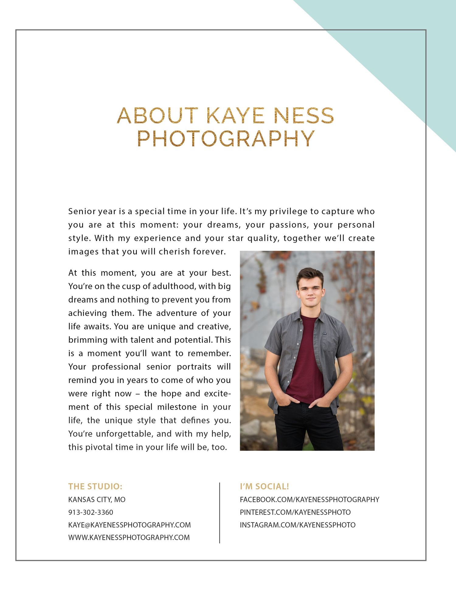 Professional photographer's about me page with contact information and business details.