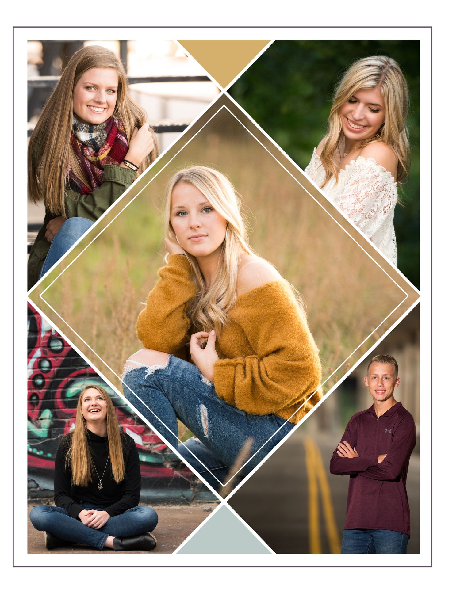 Collage of outdoor portrait photography sessions in a rustic setting with natural lighting and autumn colors.
