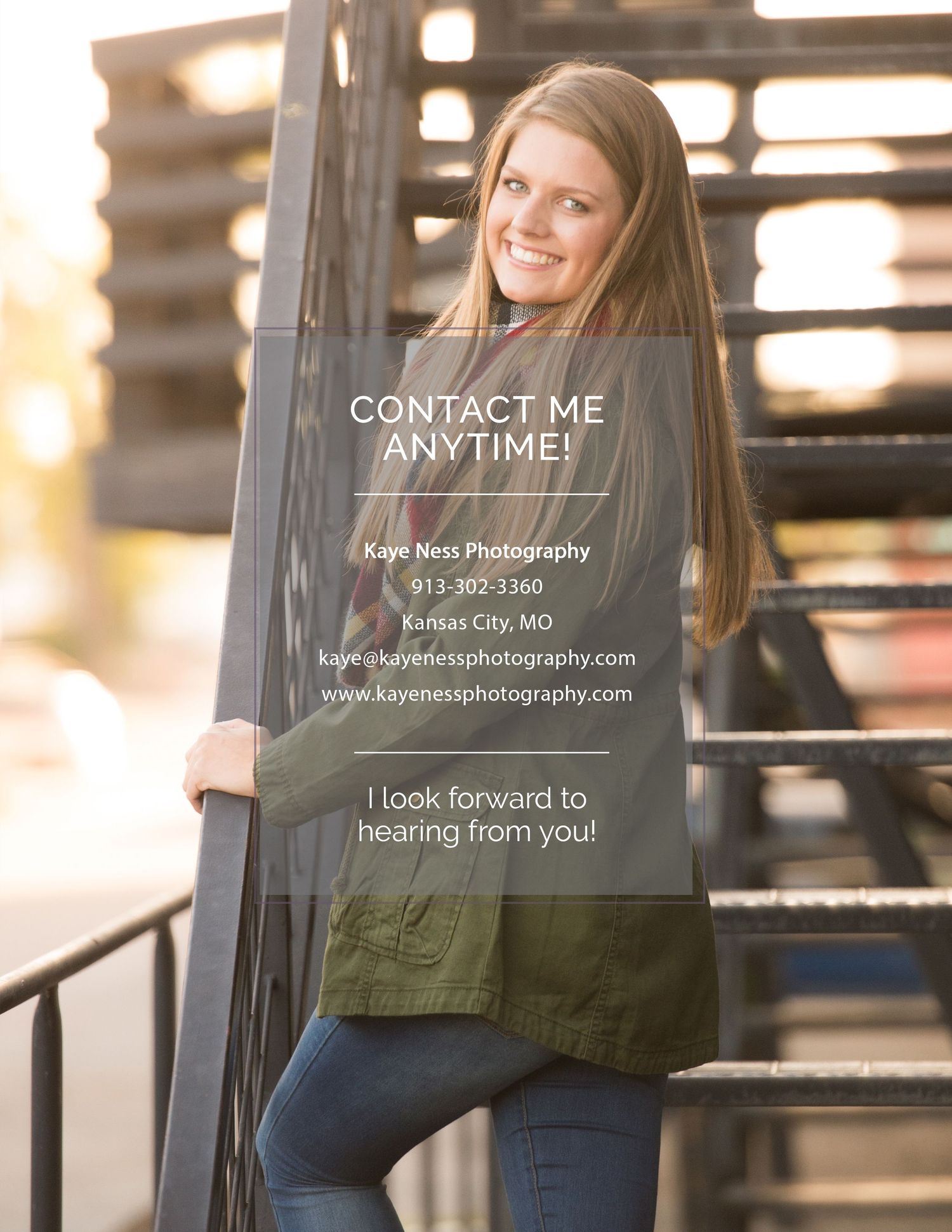 Photography business contact information page with warm sunset lighting and portrait samples.