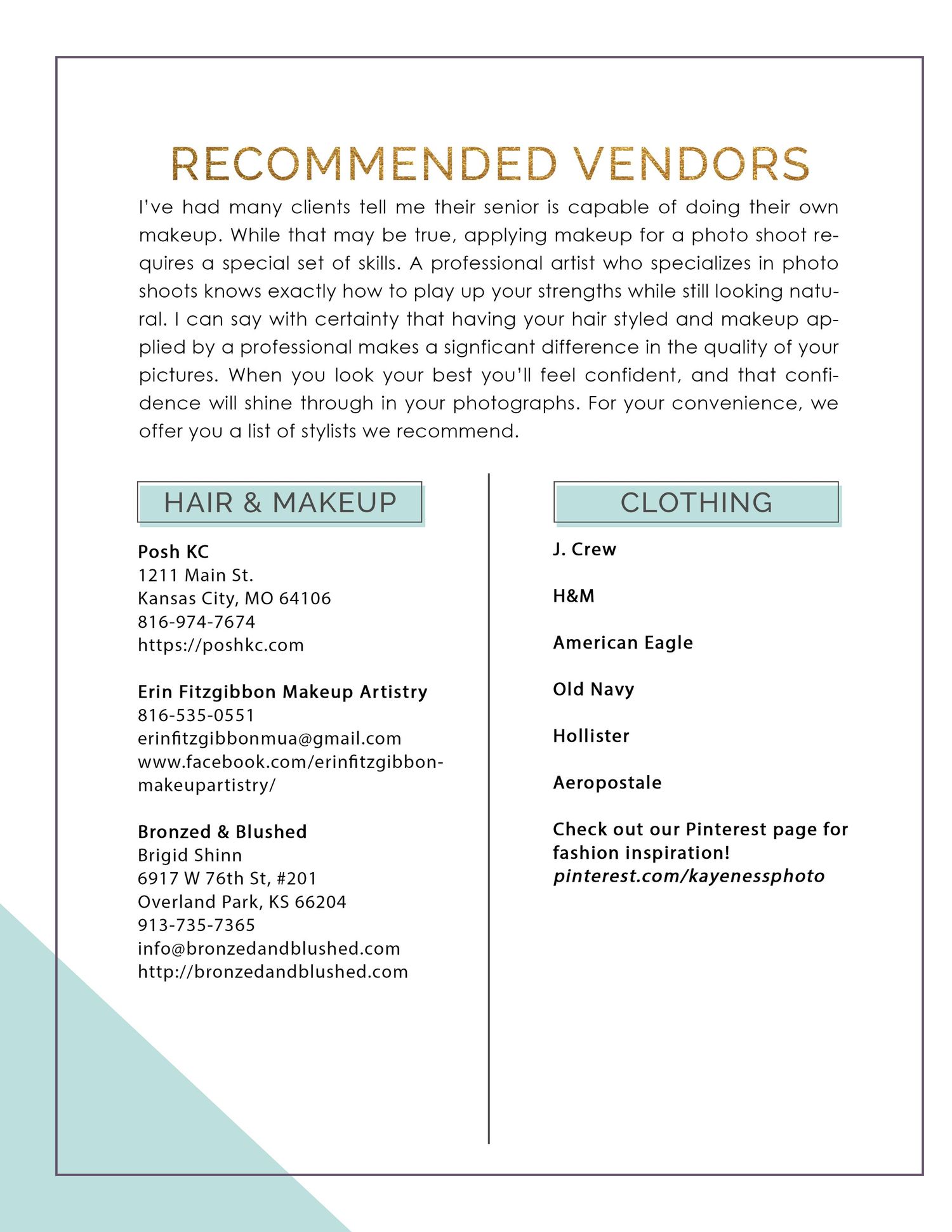 Photography business vendor list showing recommended hair, makeup and clothing partners.
