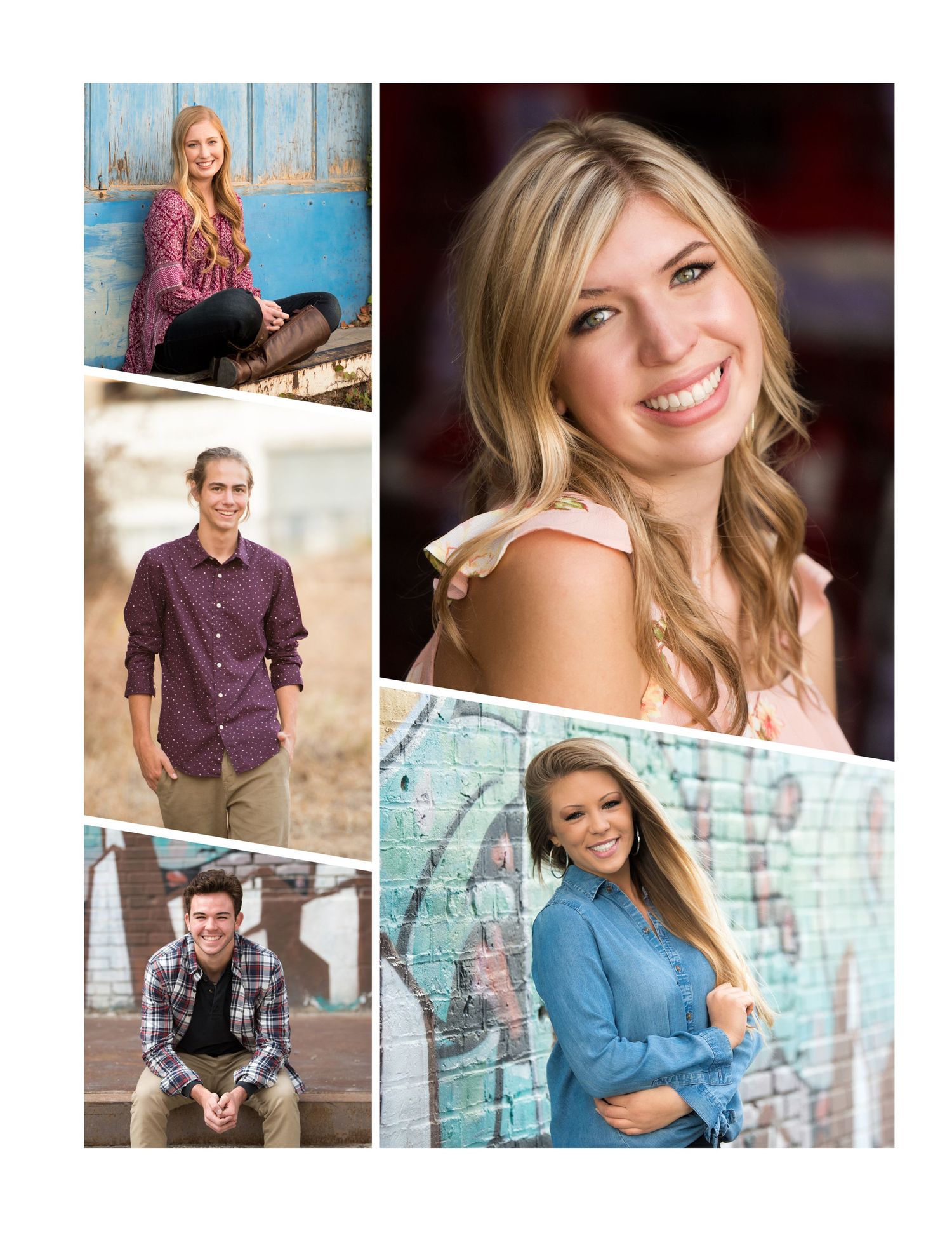 Collection of senior portrait samples showing various poses and locations.