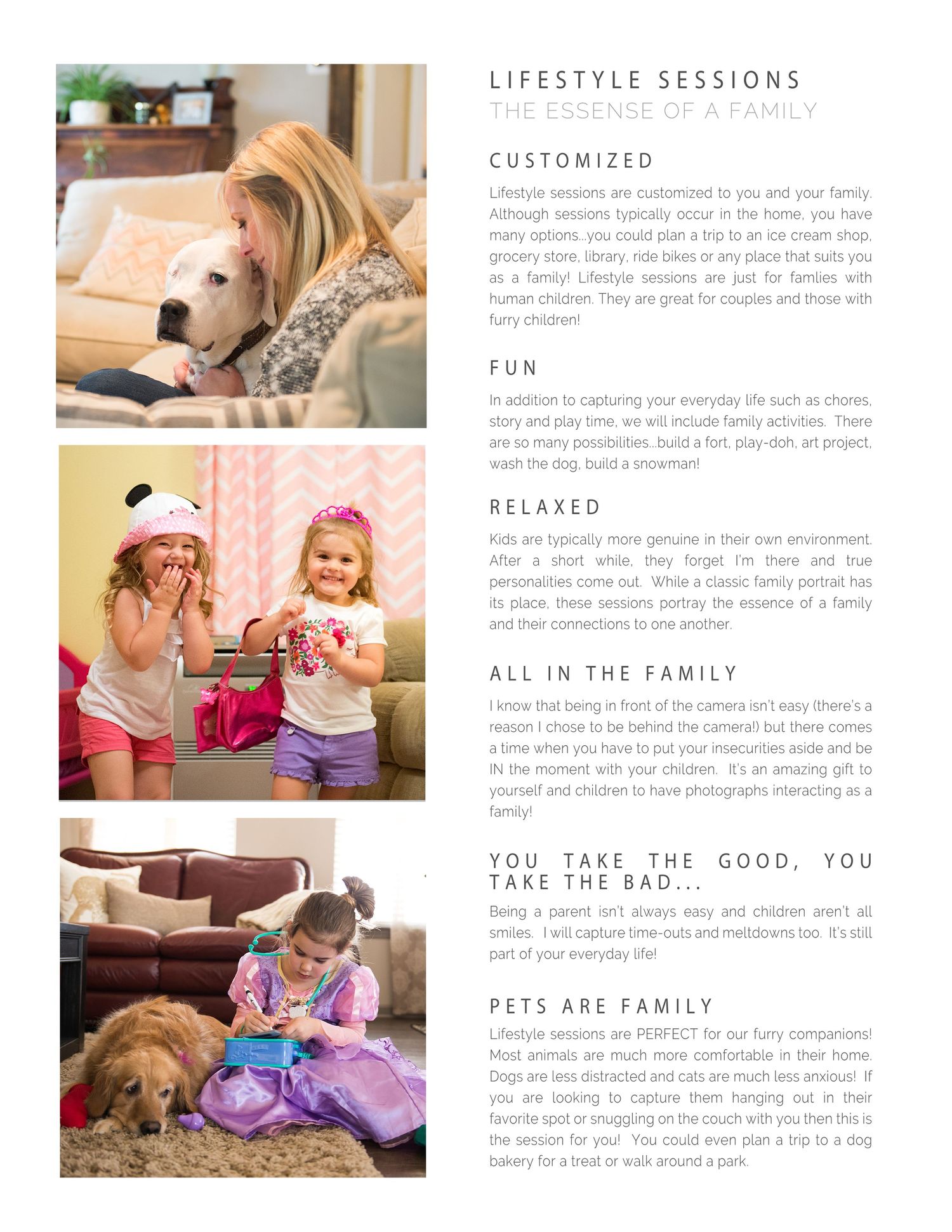 Photography website layout featuring lifestyle sessions with families and pets.