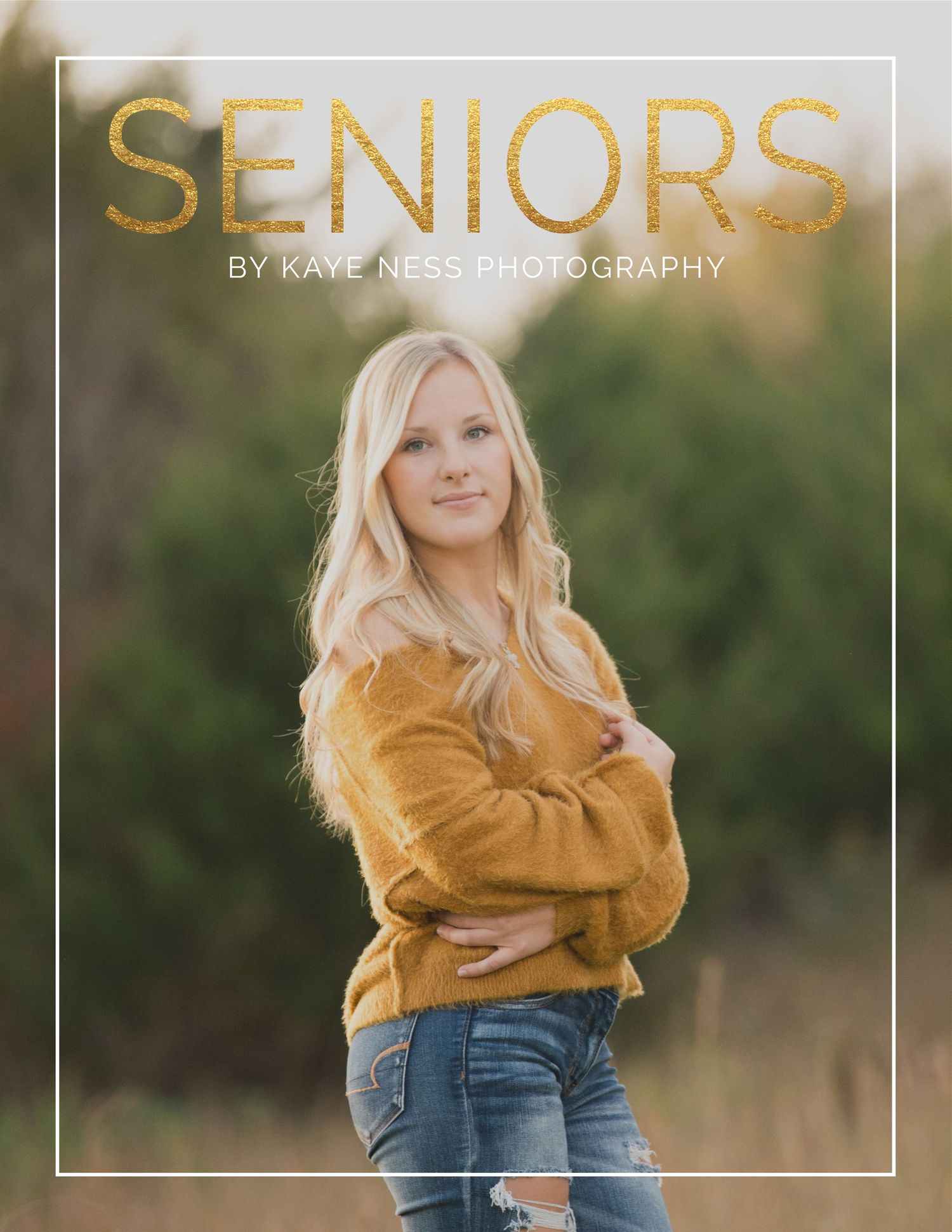 Senior portrait photography branding banner with gold text overlay against a blurred natural background.