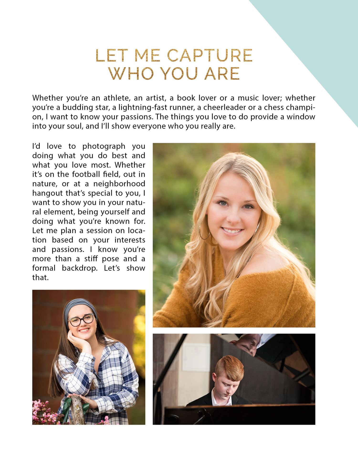 Photography marketing page showcasing diverse portrait styles and session types.
