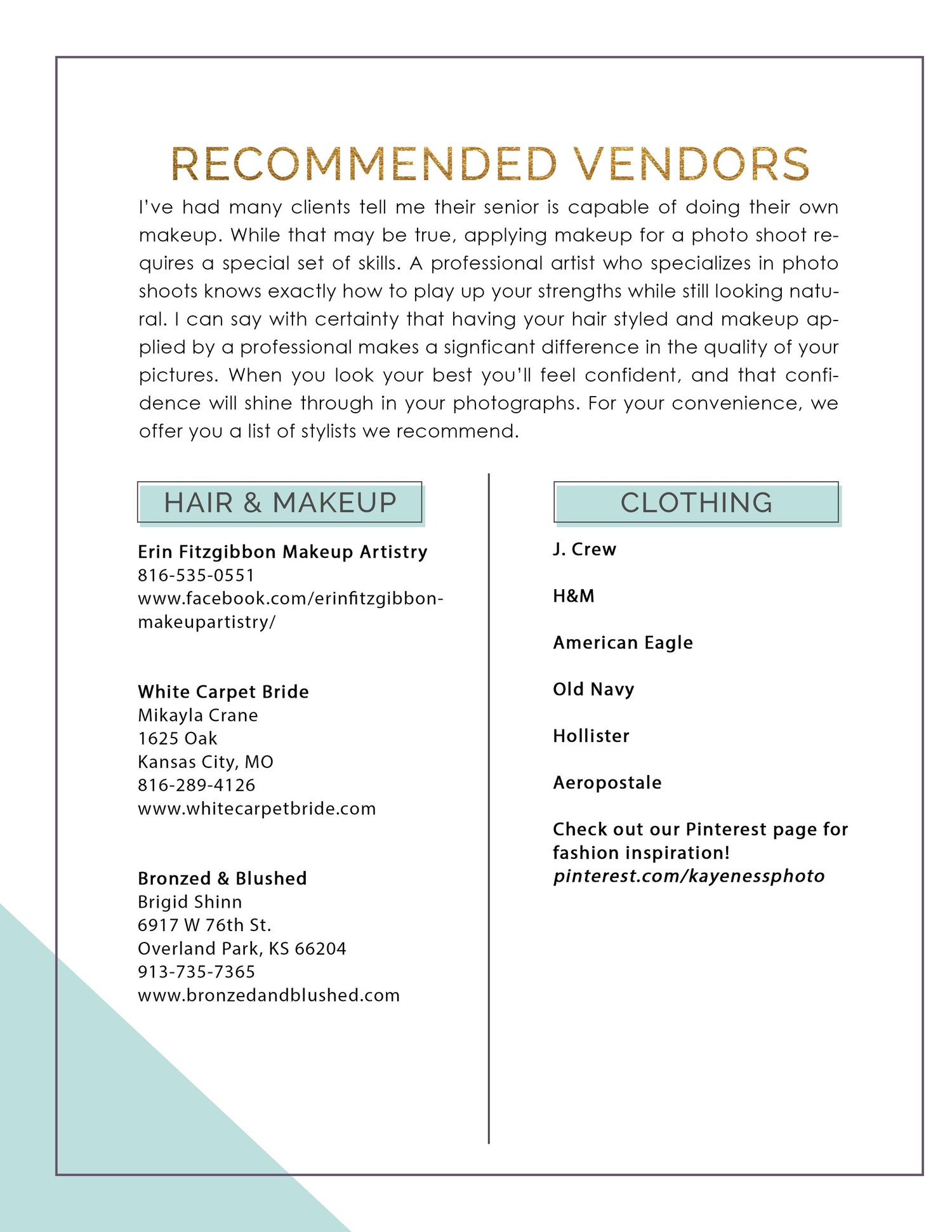Professional vendor recommendations page for photography services with teal design elements.