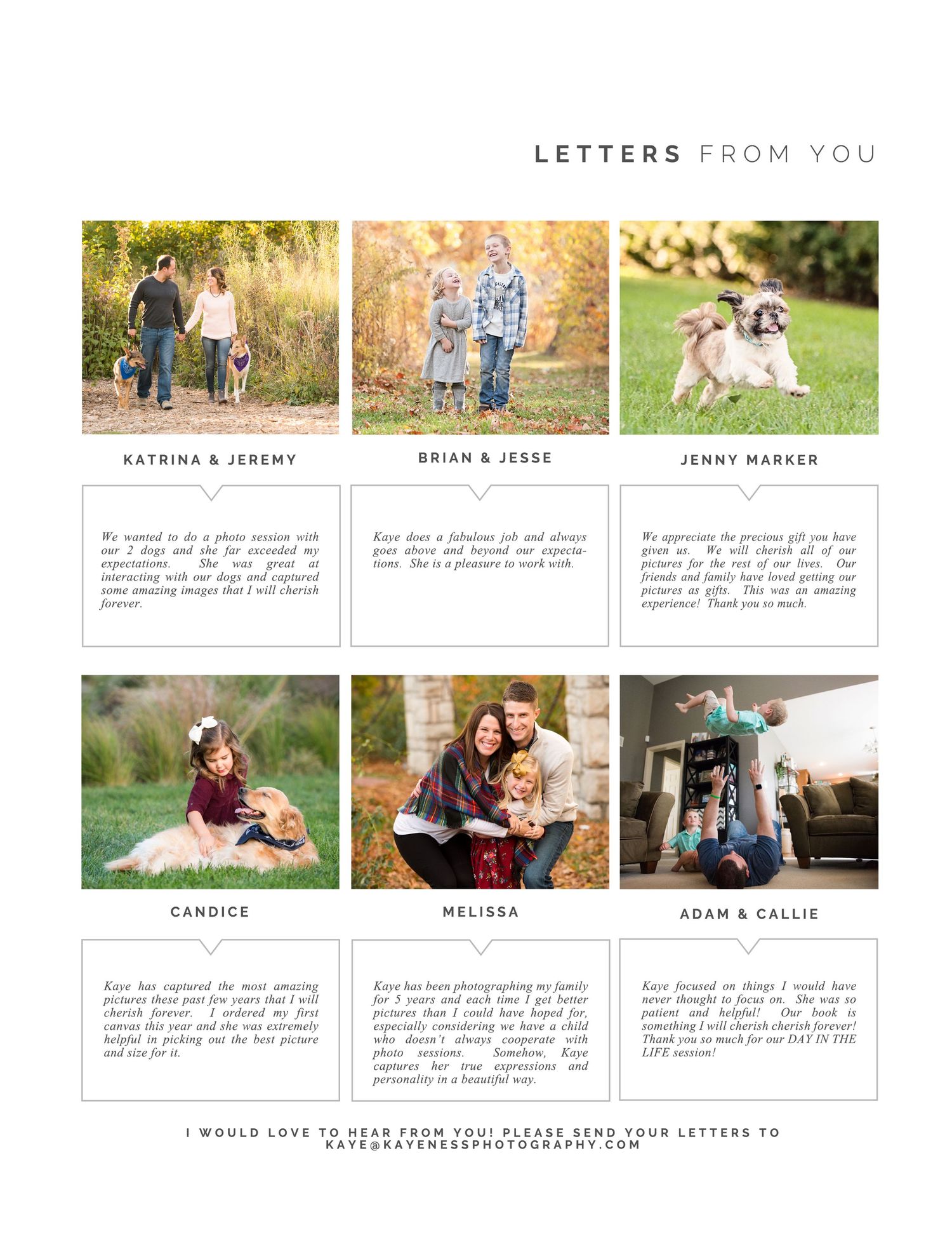 Client testimonials page layout featuring outdoor family portrait session photos and review quotes.