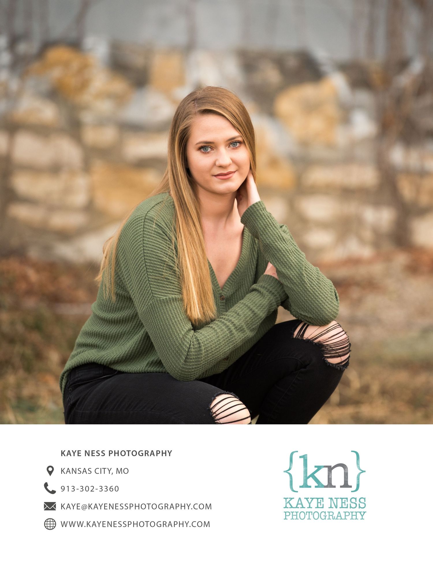 Professional photography branding collage with contact details and olive green styling.
