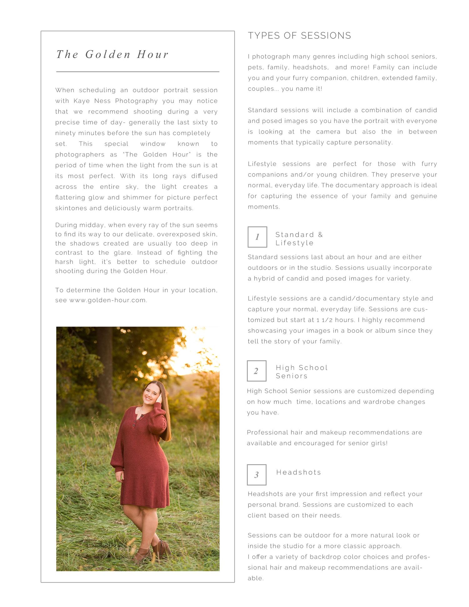 Photography pricing guide page showing golden hour portrait session information and sample image.