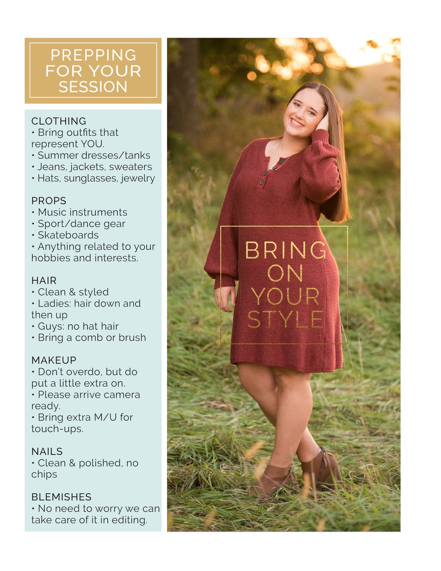 Photography session preparation guide with wardrobe and styling tips.
