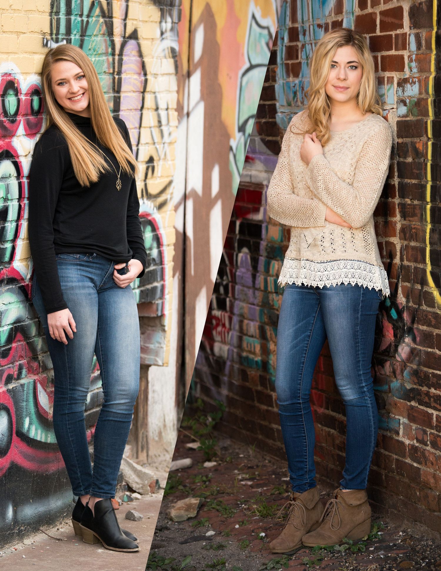 Casual portrait photography series against urban brick wall and graffiti background.