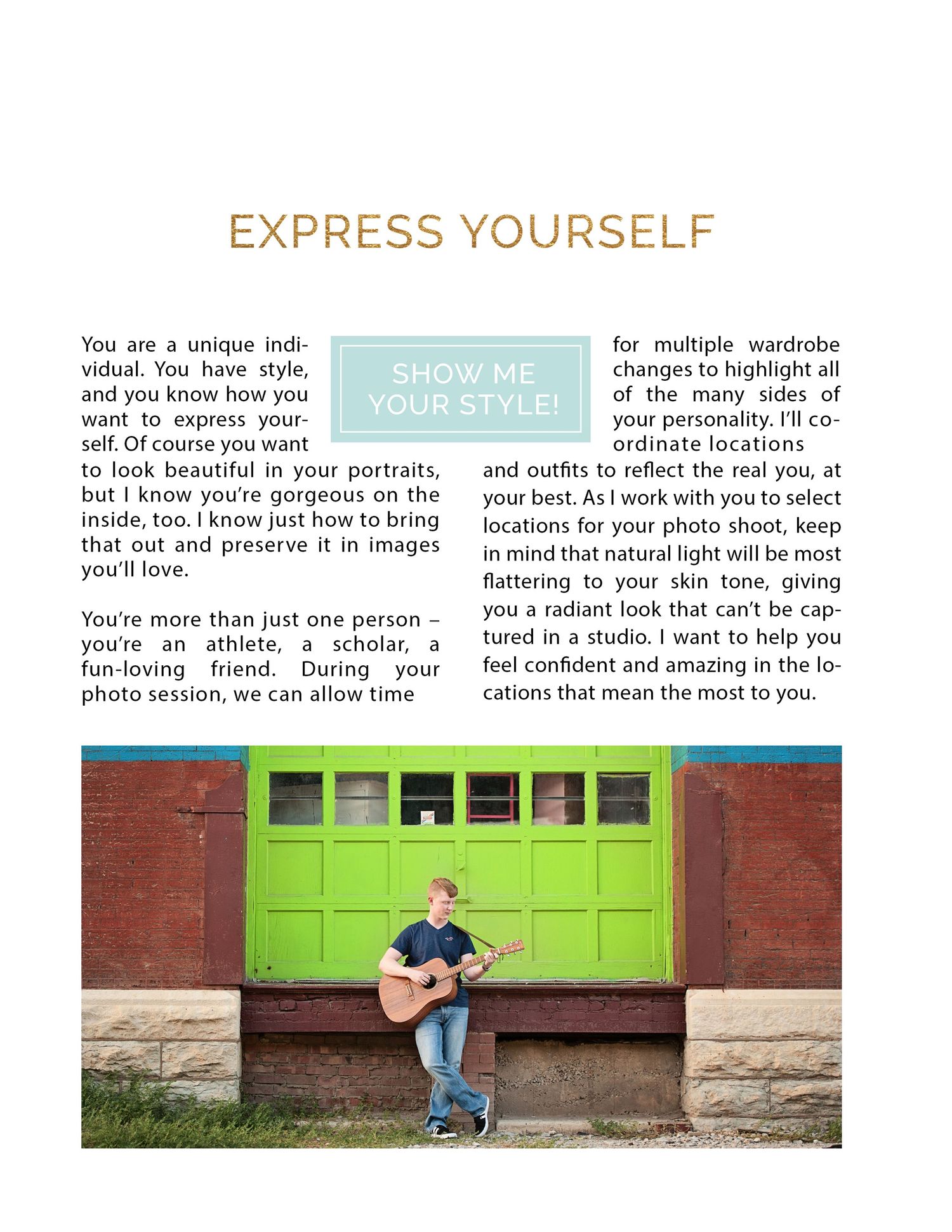 Marketing page showing outdoor senior portraits against colorful urban walls.