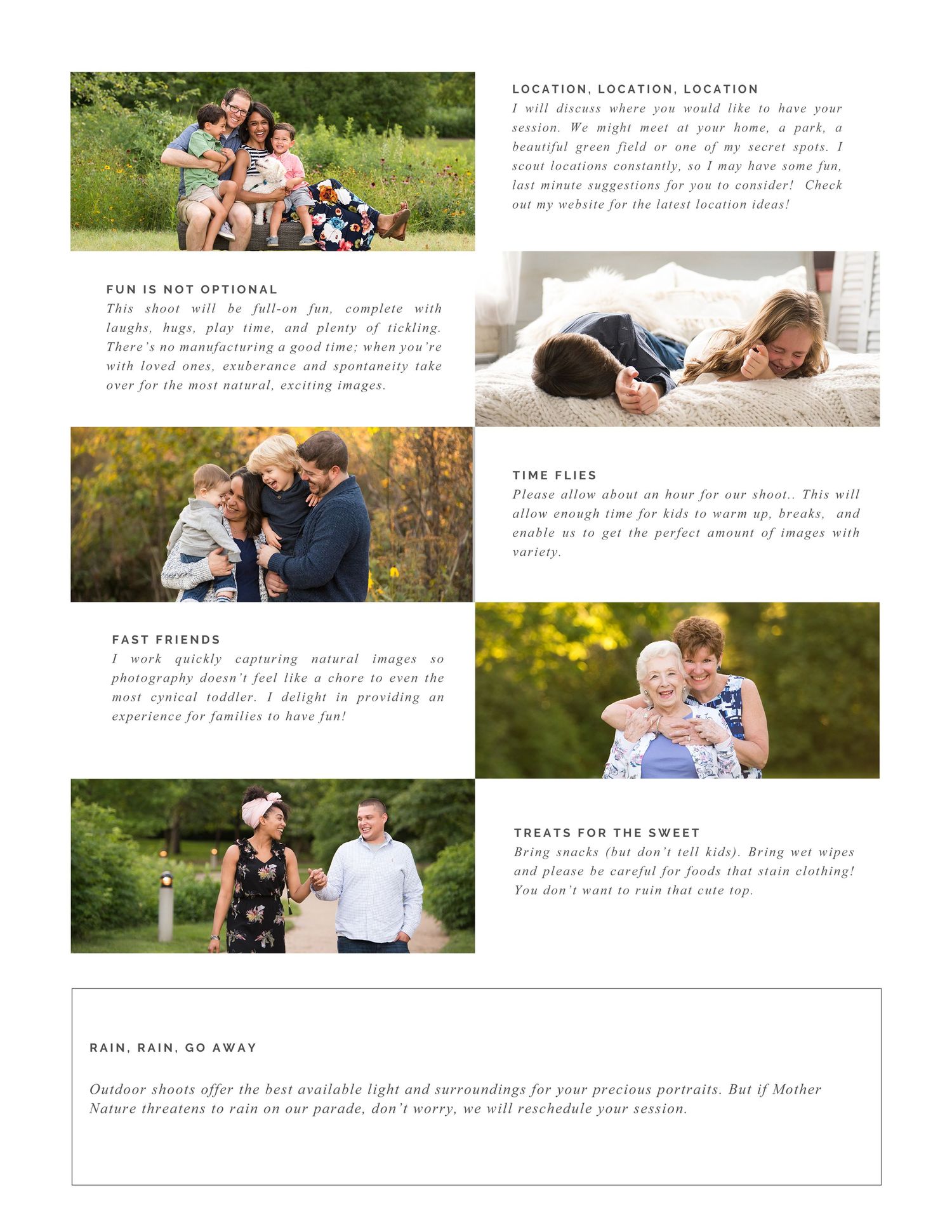 Photography website layout showcasing outdoor family portrait sessions.