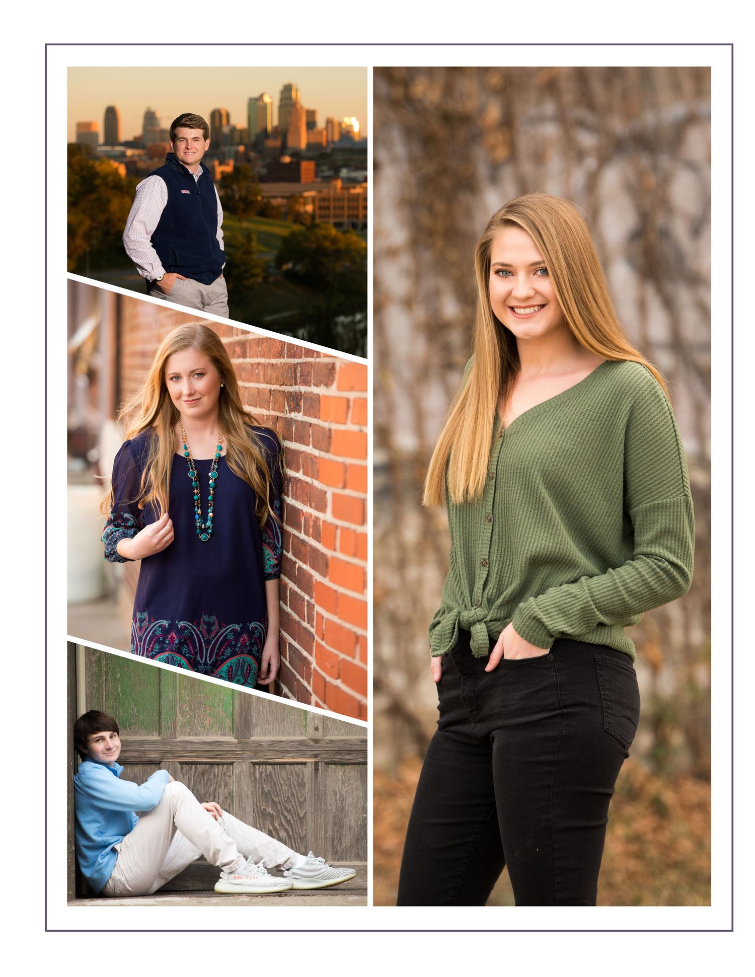Lifestyle portrait photography samples showcasing casual outfits against brick and outdoor settings.