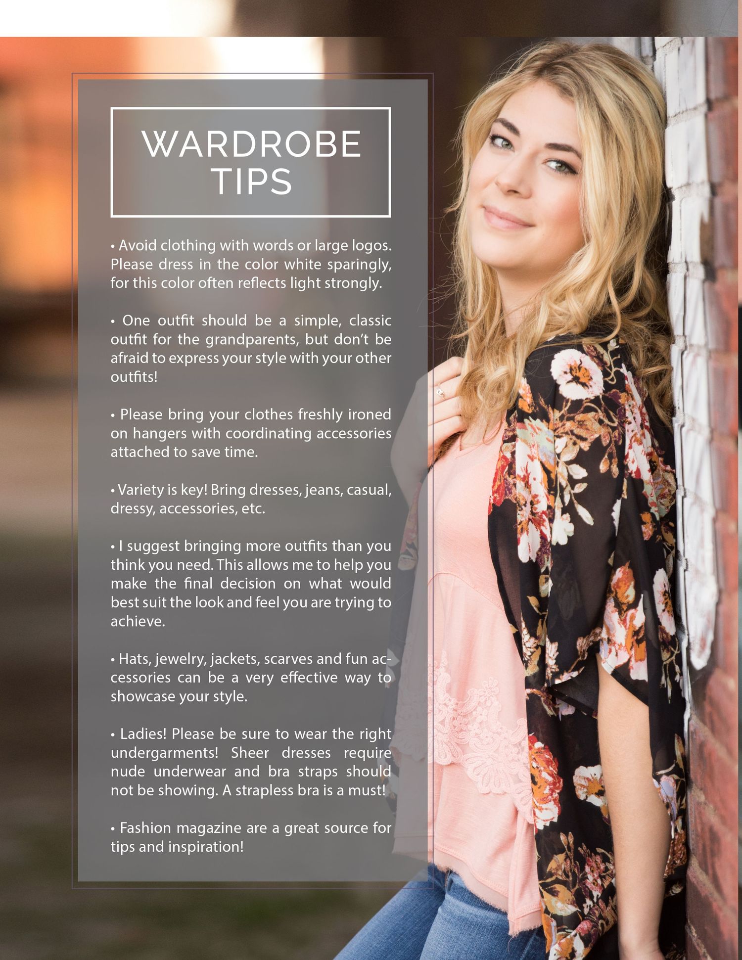 Fashion and wardrobe styling tips displayed on elegant photography marketing materials with text overlay.