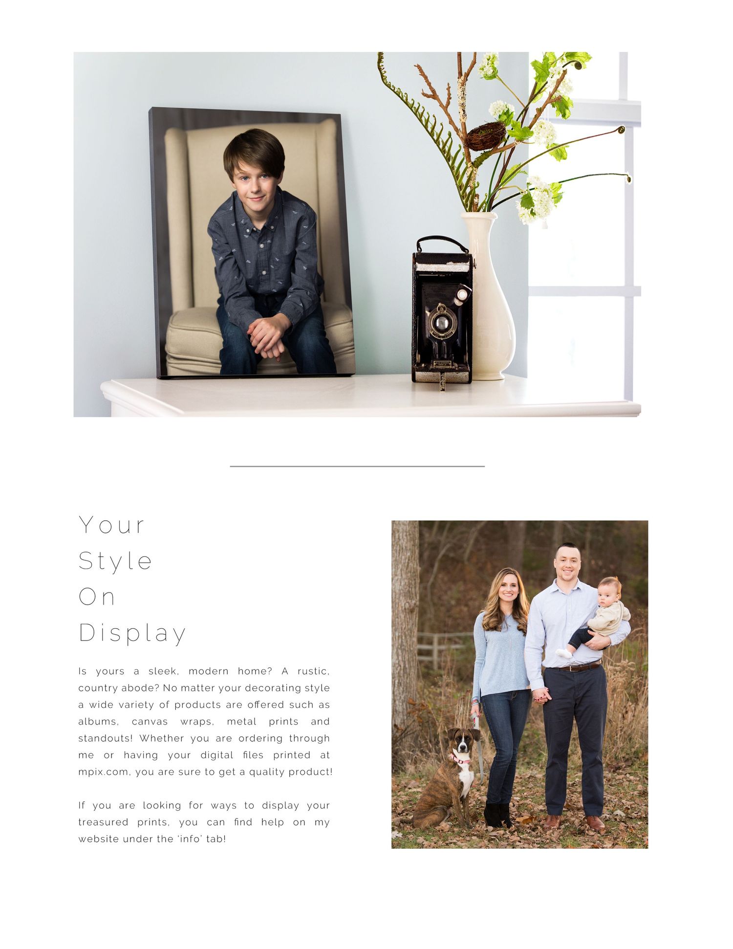 Photography website design showcasing portfolio images and style guide information.