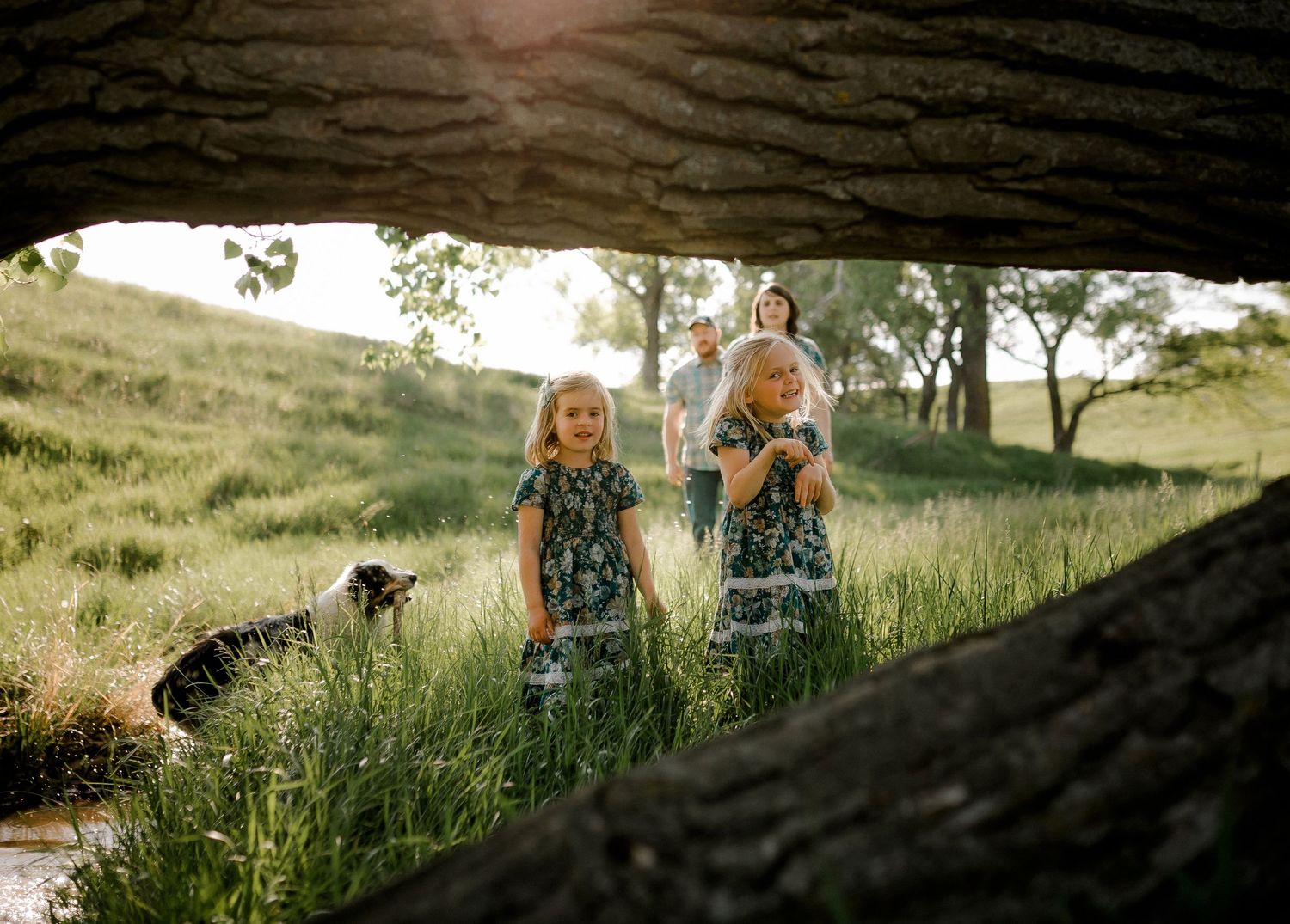 Candid family portrait with natural light and movement