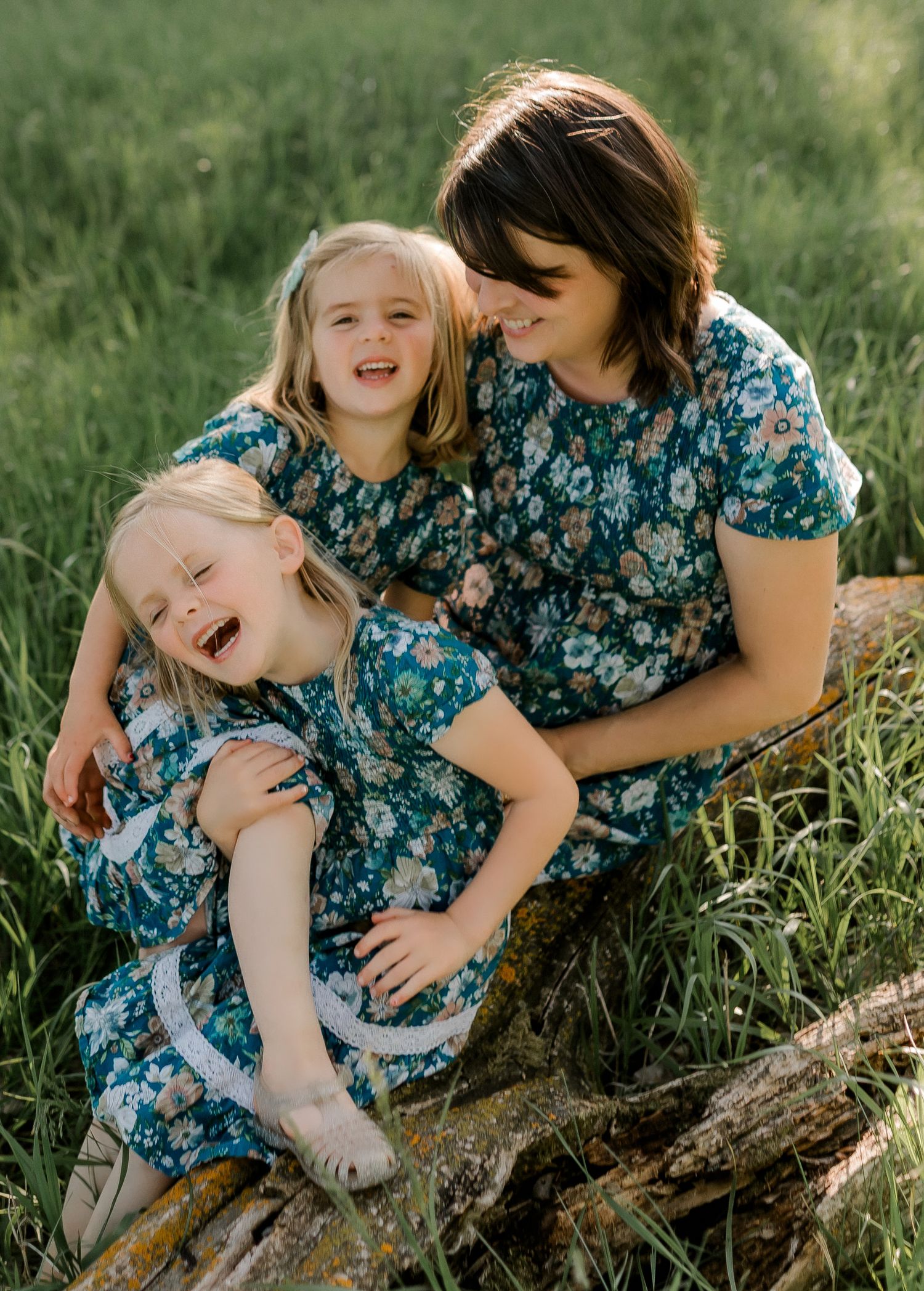 Candid family portrait with natural light and movement