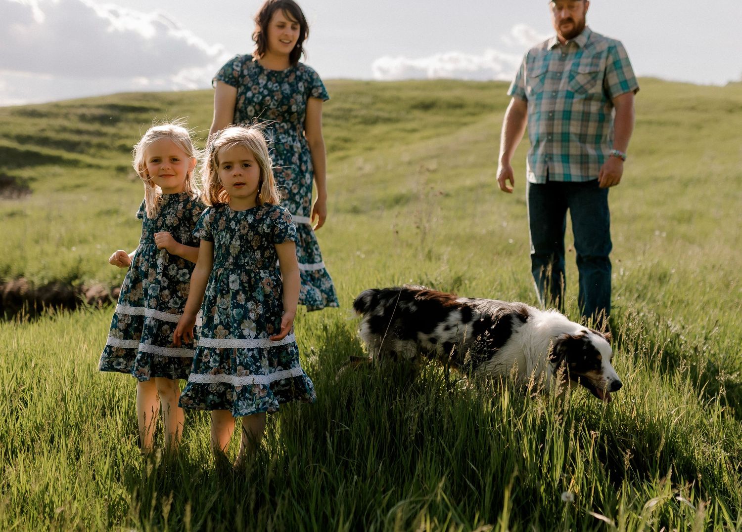 Candid family portrait with natural light and movement