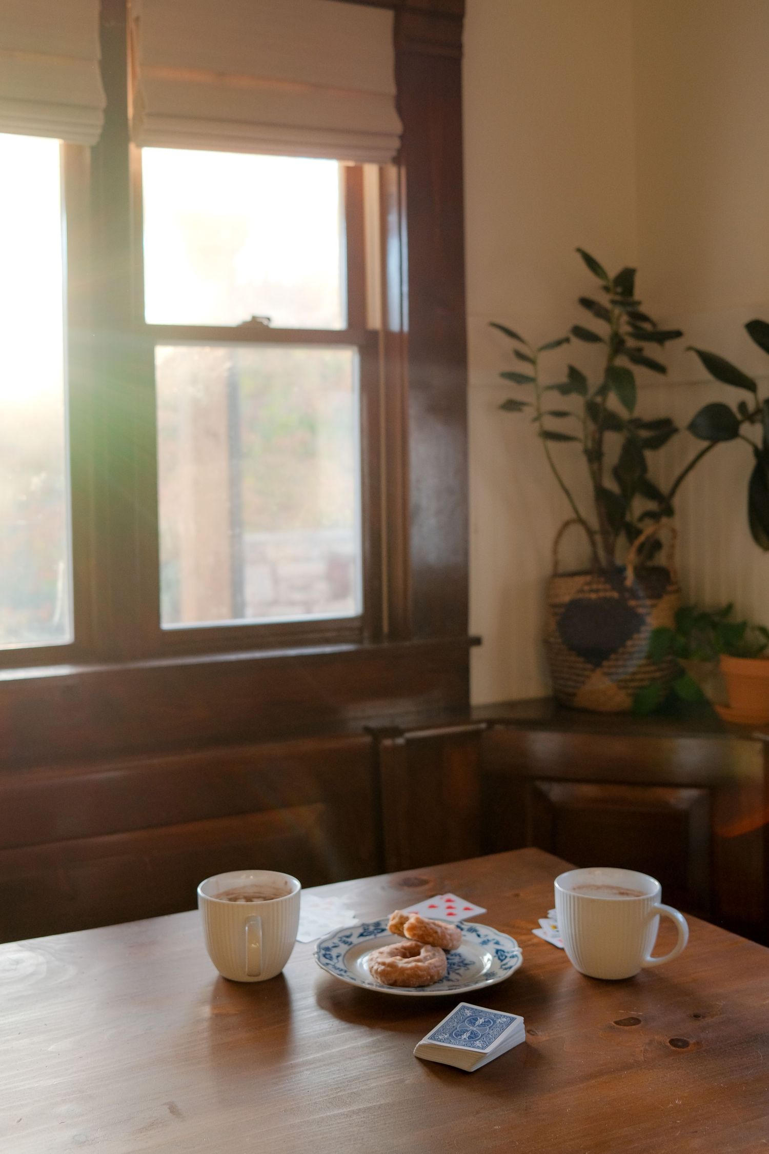 Hot chocolate and donuts on a wooden table by a window with houseplants in the background.