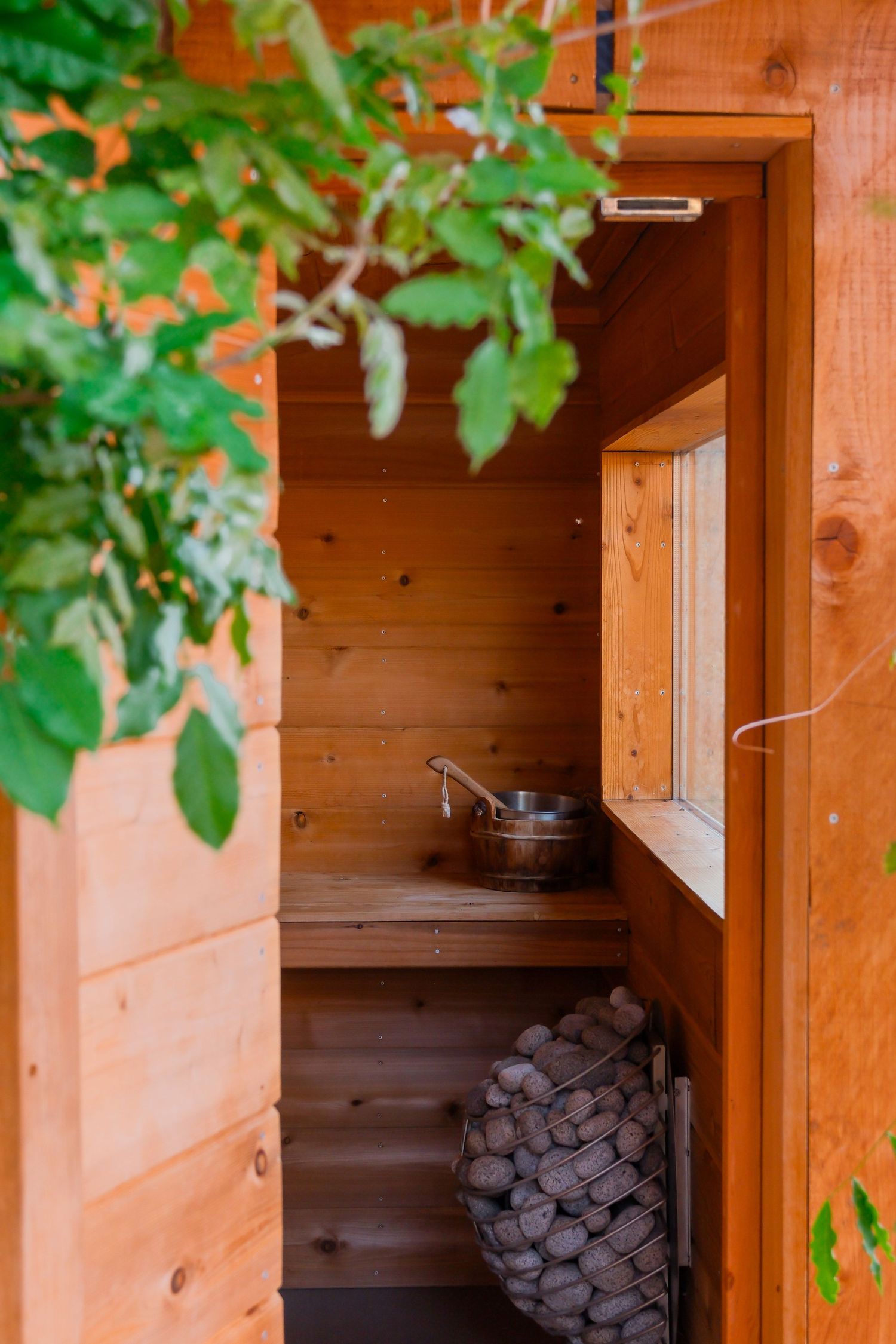 Rustic wooden sauna interior with bench, bucket, and stone heater visible through open door with green leaves.