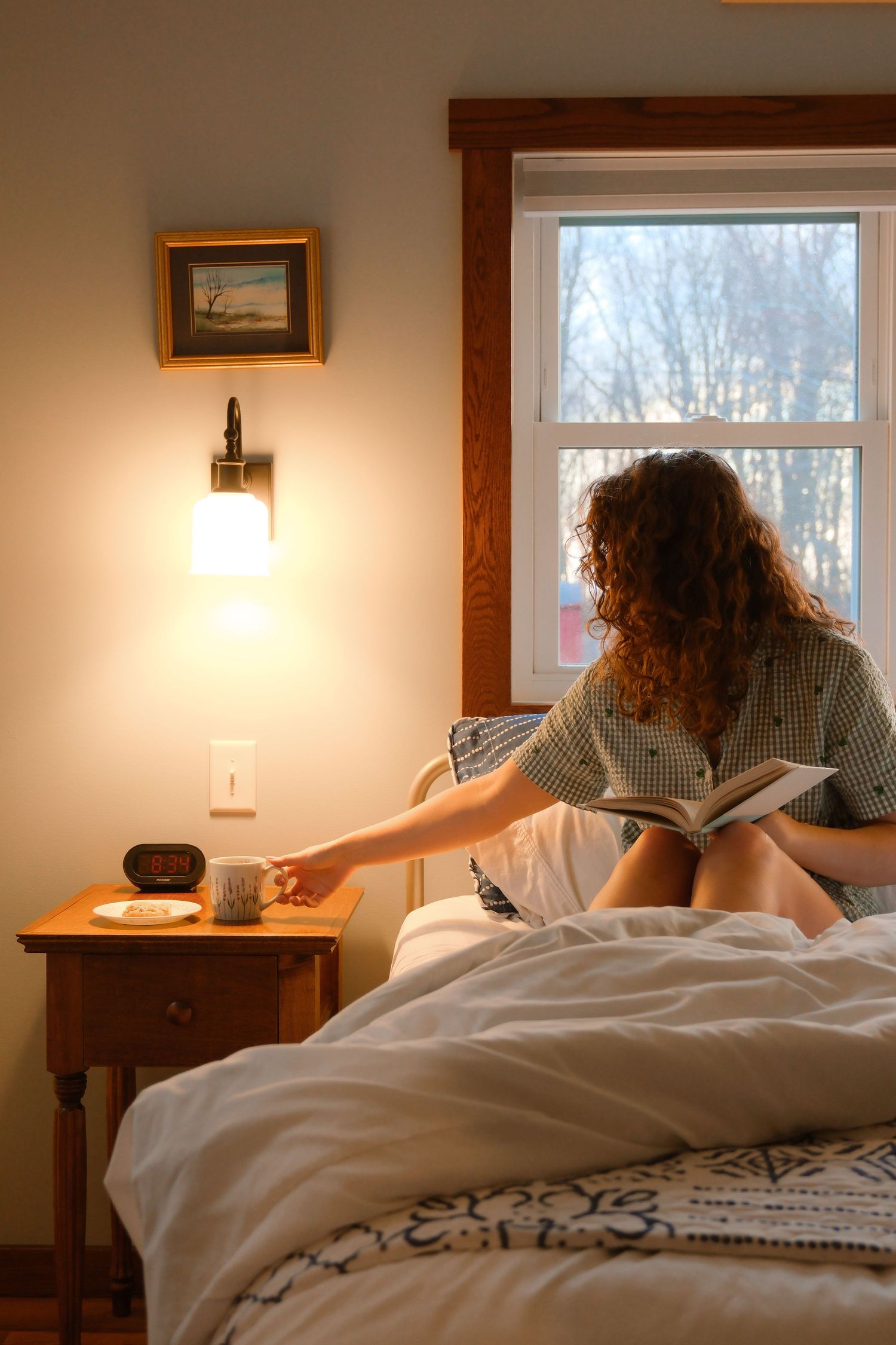 Sunlit bedroom interior with white bedding and wooden furniture near large windows overlooking winter trees.
