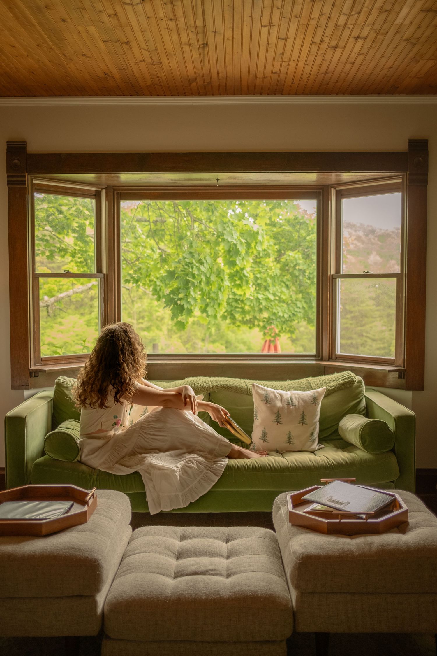 A cozy window seat with plush cushions overlooks a sunny garden view through large windows.