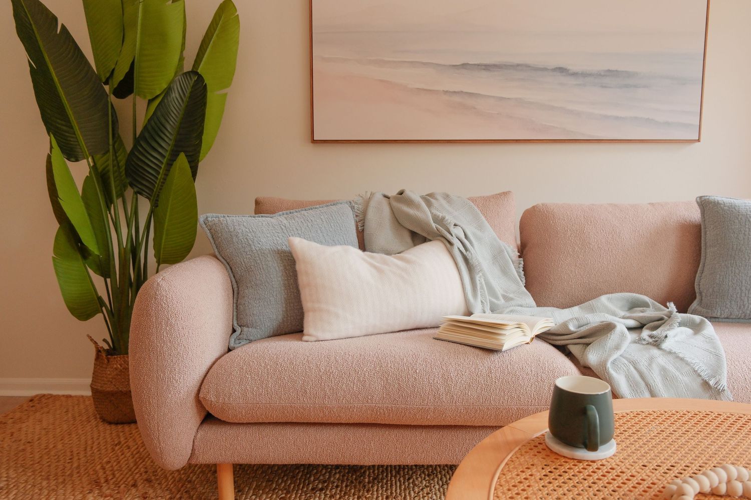 Pink sofa with gray pillows and throw blanket beside a large tropical plant in a cozy living room.