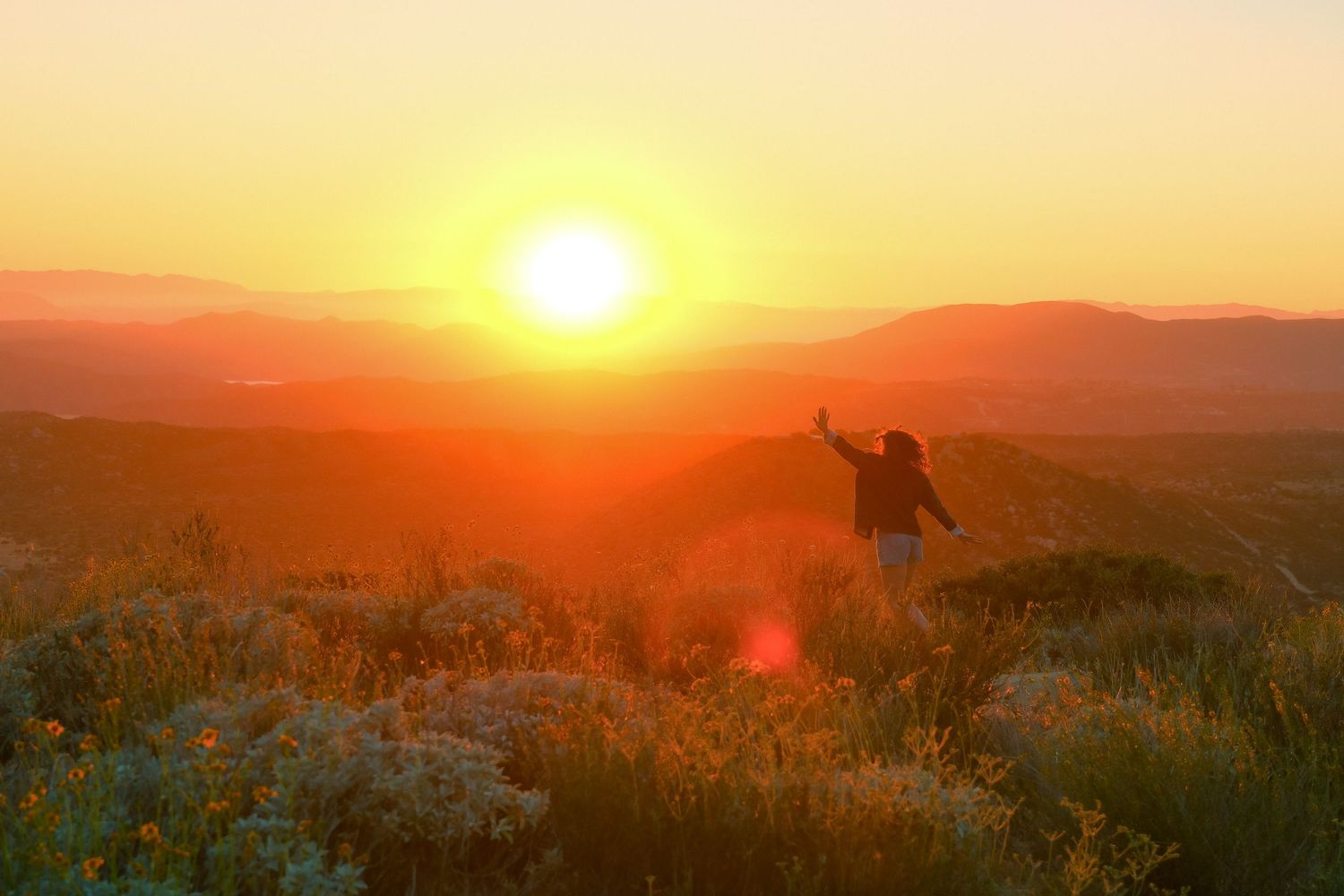 Person standing on a hilltop with arms raised at golden sunset over mountain landscape with wildflowers.