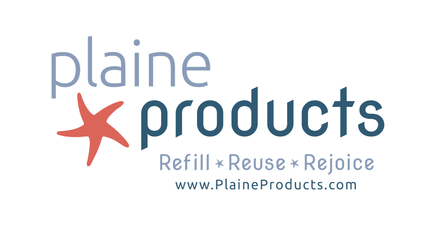 Plaine Products logo with a red starfish, tagline Refill, Reuse, Rejoice, and website URL on white background.
