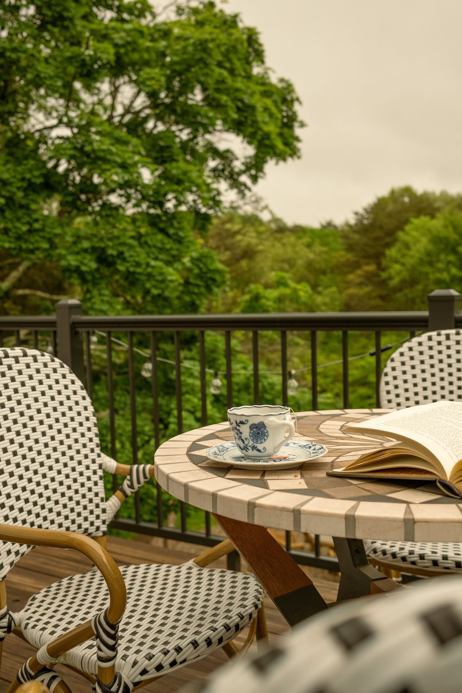 Patio furniture arrangement with checkered chairs overlooking a verdant garden landscape.
