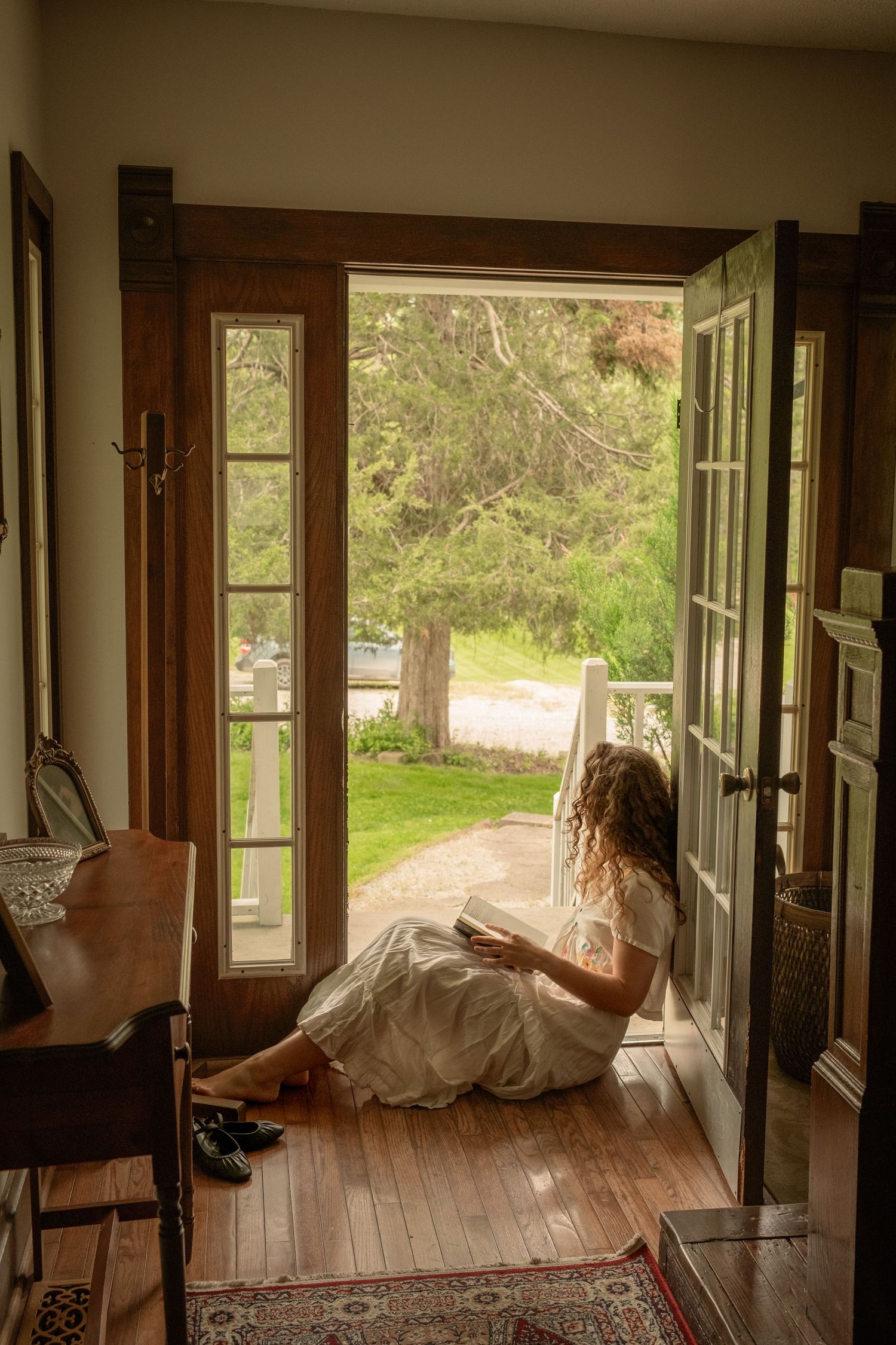 Sunlit wooden floor in a spacious room with large windows overlooking a green landscape.