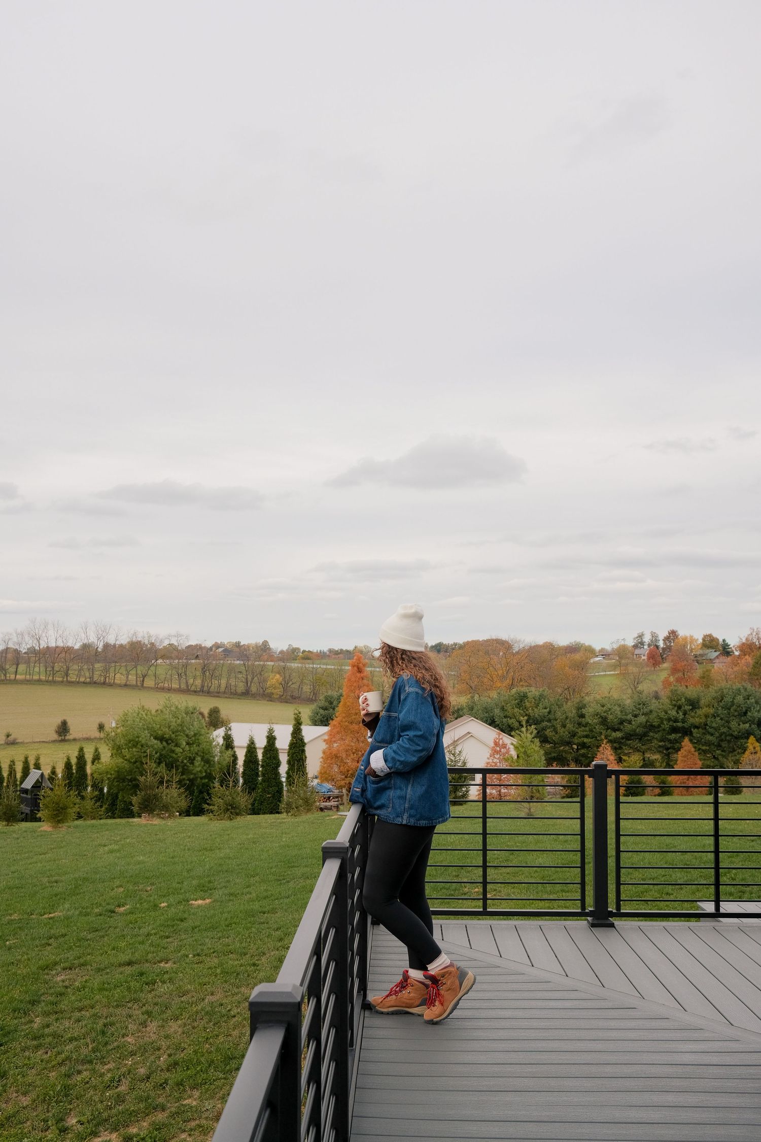 Modern deck overlooking scenic farmland with autumn foliage in the background.