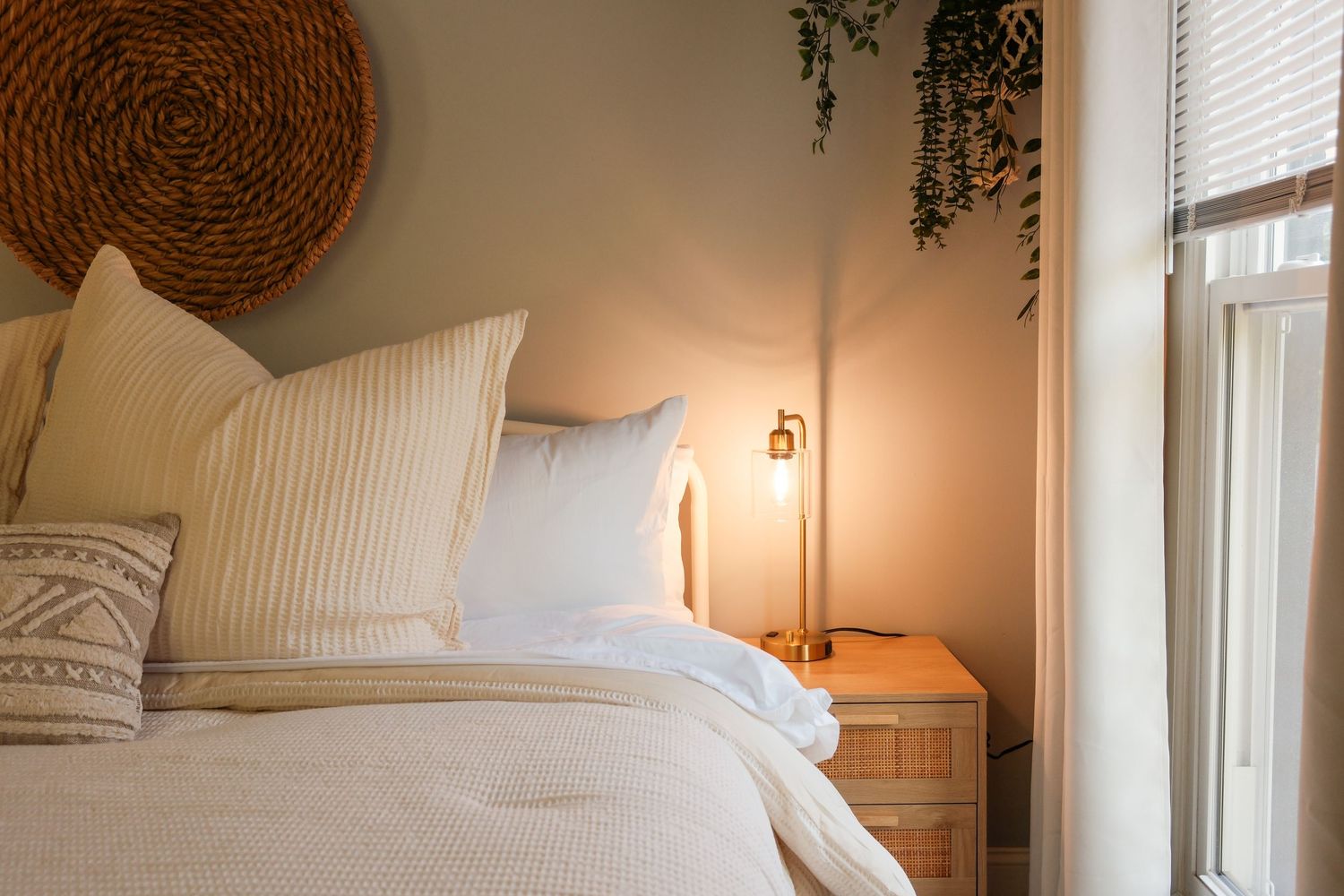Cozy bedroom with white bedding, striped pillows, woven wall decor, warm bedside lamp, and hanging plants near a window.