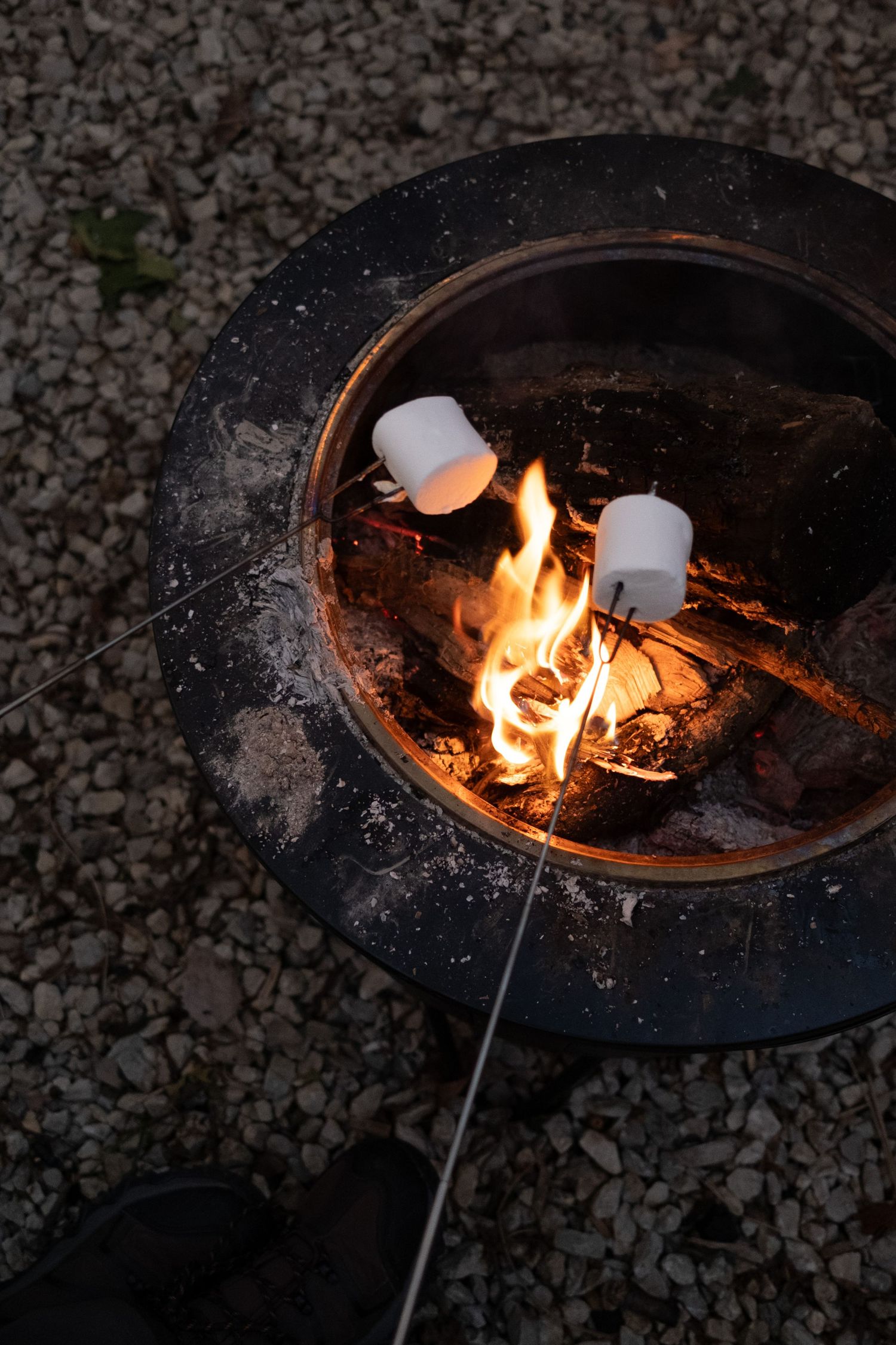 Marshmallows roasting over glowing flames in a fire pit at night.