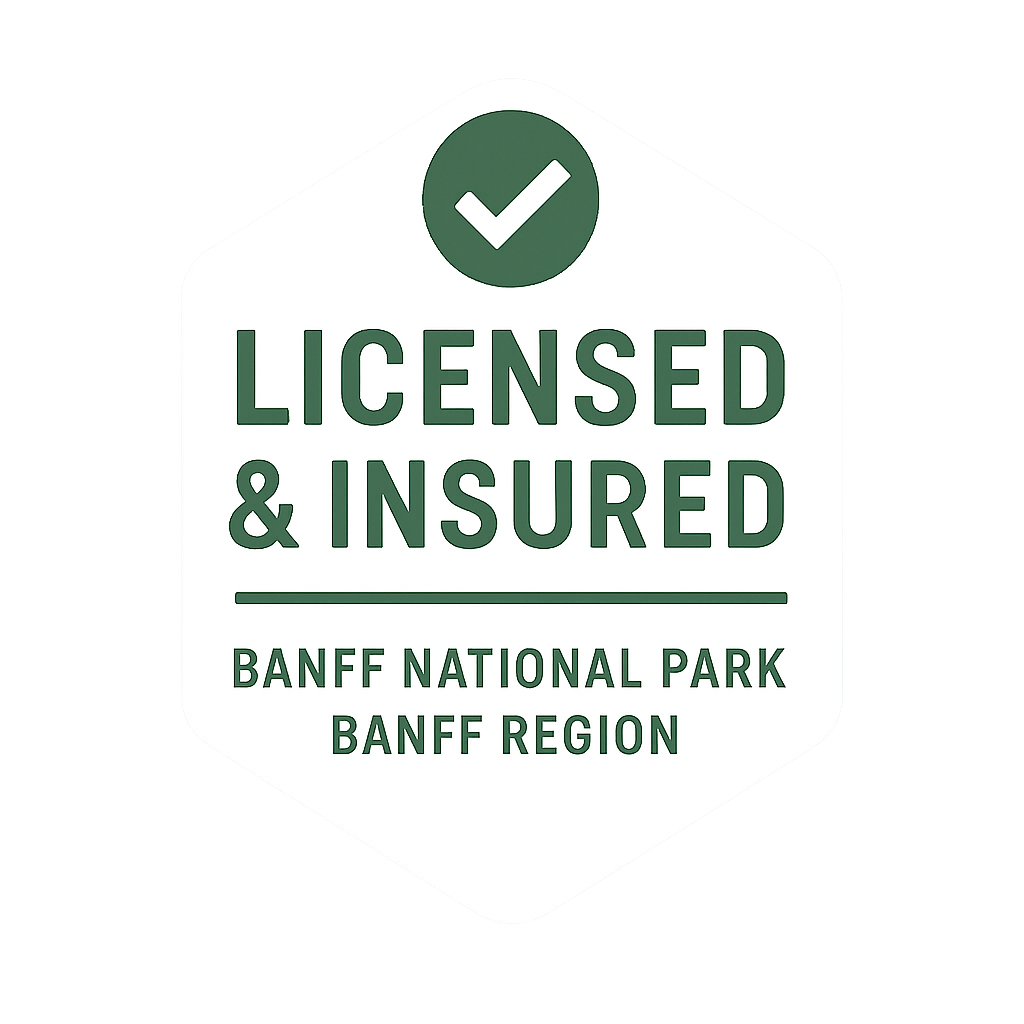 A green circular badge design with text 'Licensed & Insured' for Banff National Park Banff Region.