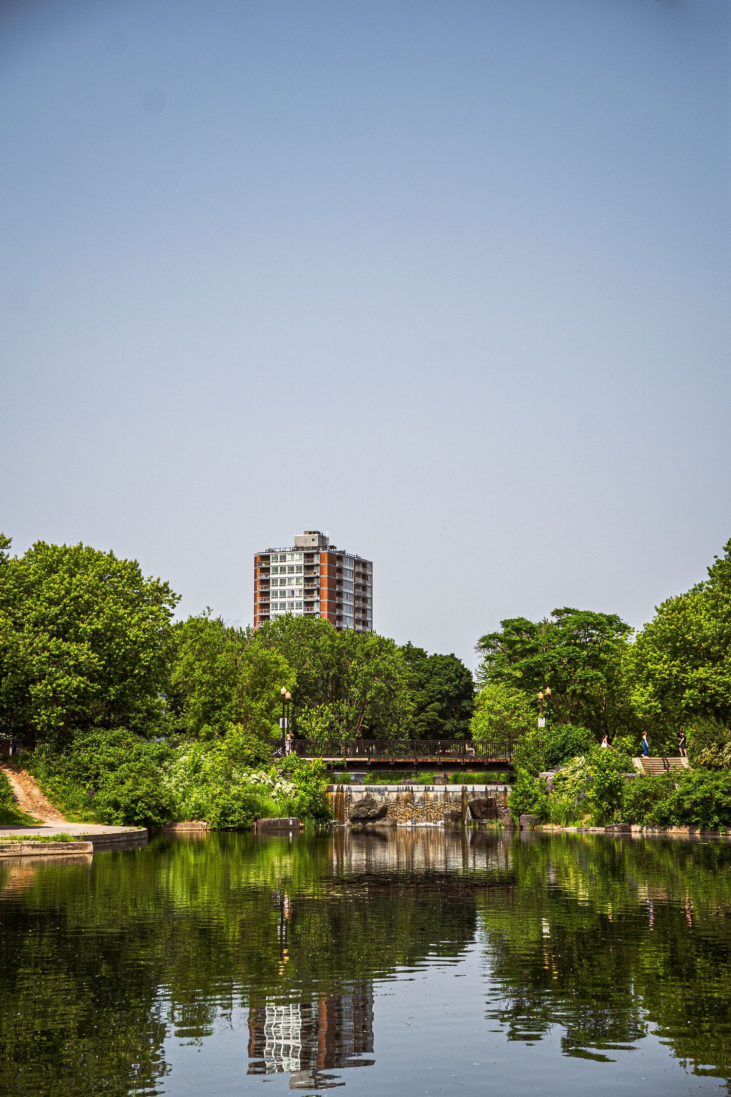 Panoramic view of a tranquil lake surrounded by lush green trees with residential buildings visible in the distance.