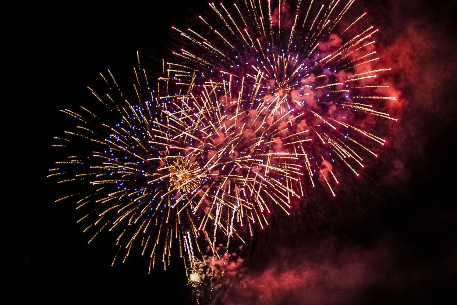 Vibrant red and pink fireworks exploding in the night sky with smoke trails.
