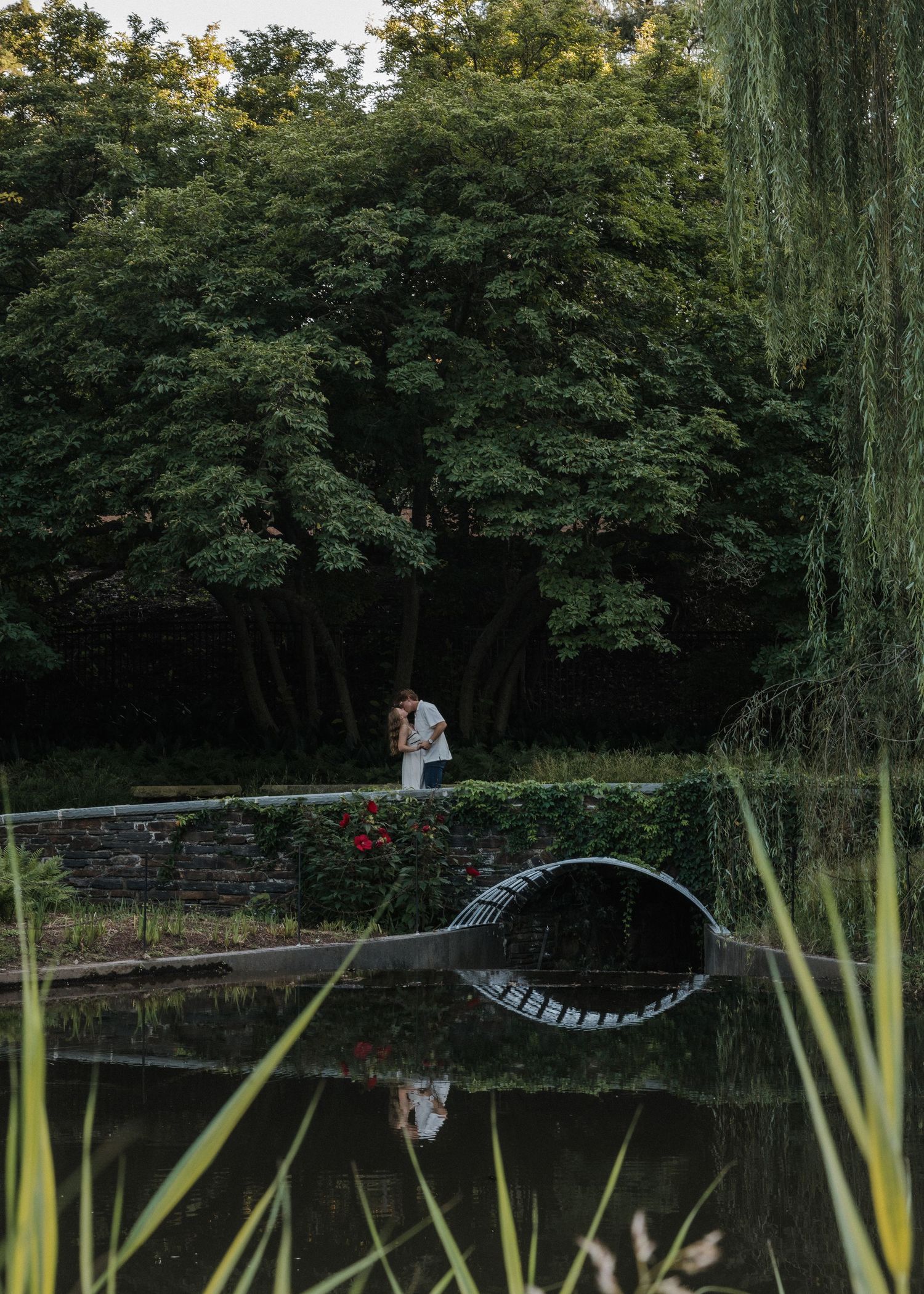 A couple shares a romantic kiss near a stone bridge over a tranquil pond, surrounded by lush green trees.