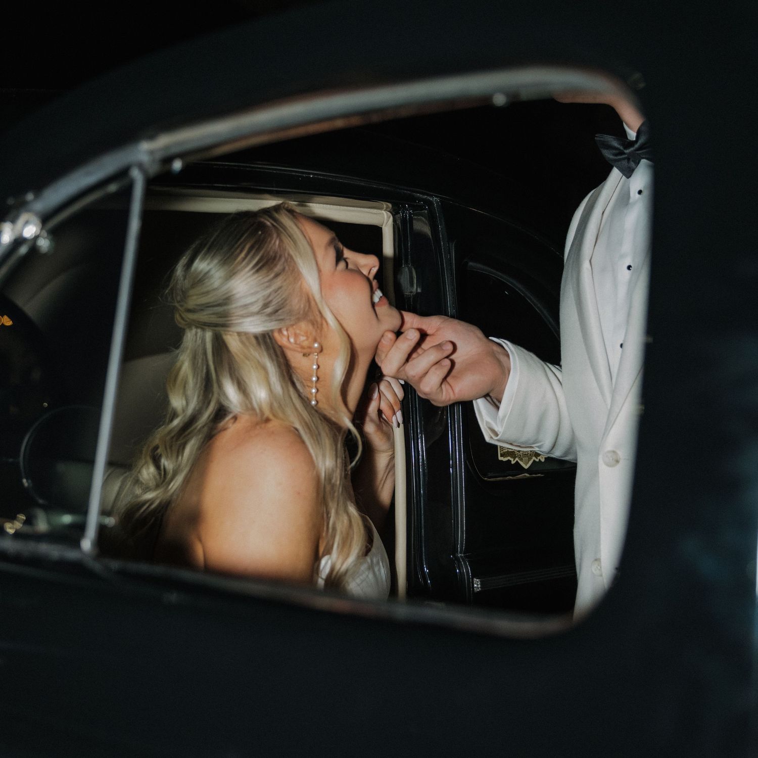 Sequence of moody nighttime photos showing a person in a car through the window with dramatic lighting.