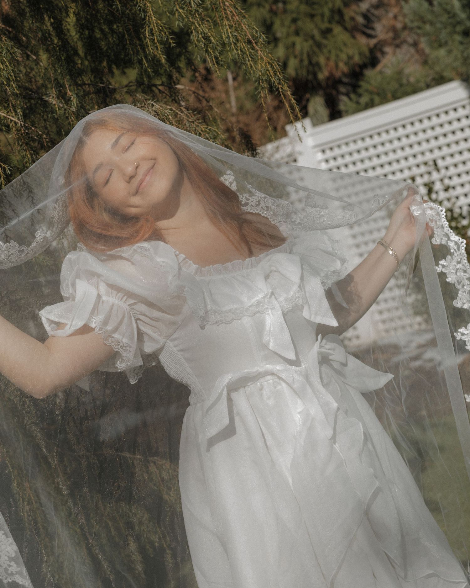 Artistic series of dreamy portraits showing a figure in flowing white fabric against a natural outdoor backdrop.