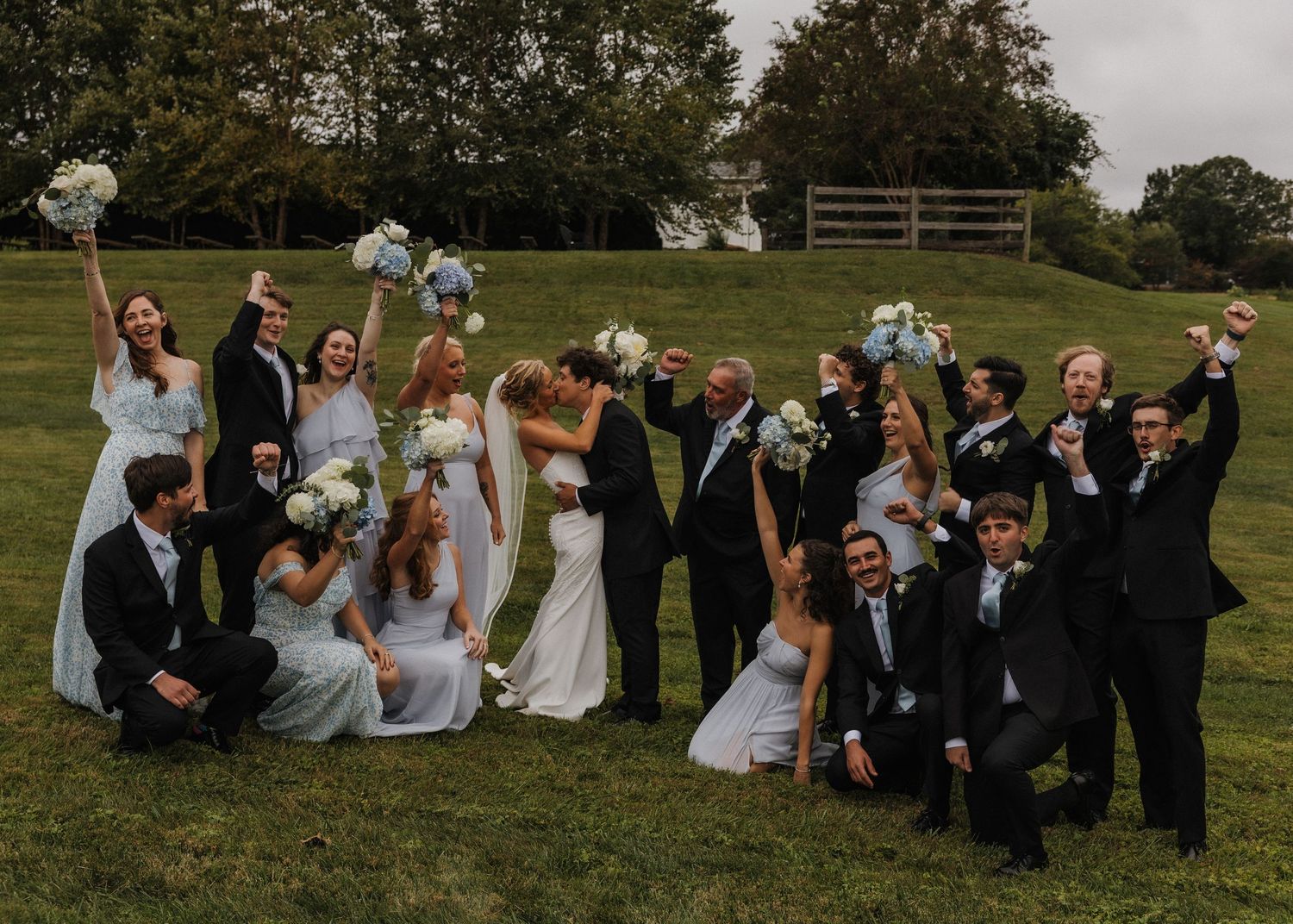 Wedding party celebrates outdoors on green lawn, bride and groom kiss surrounded by cheering bridesmaids and groomsmen.