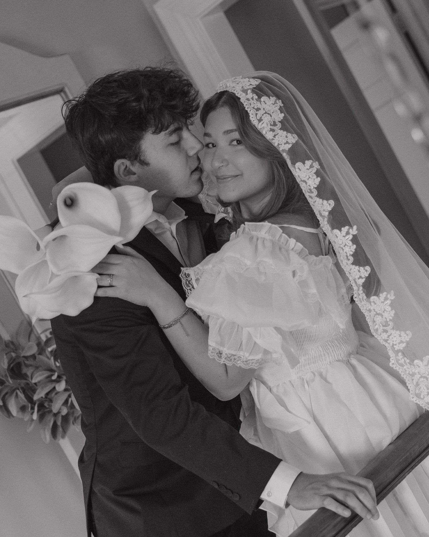 Black and white photo sequence showing a tender wedding dance moment between a couple in formal attire.